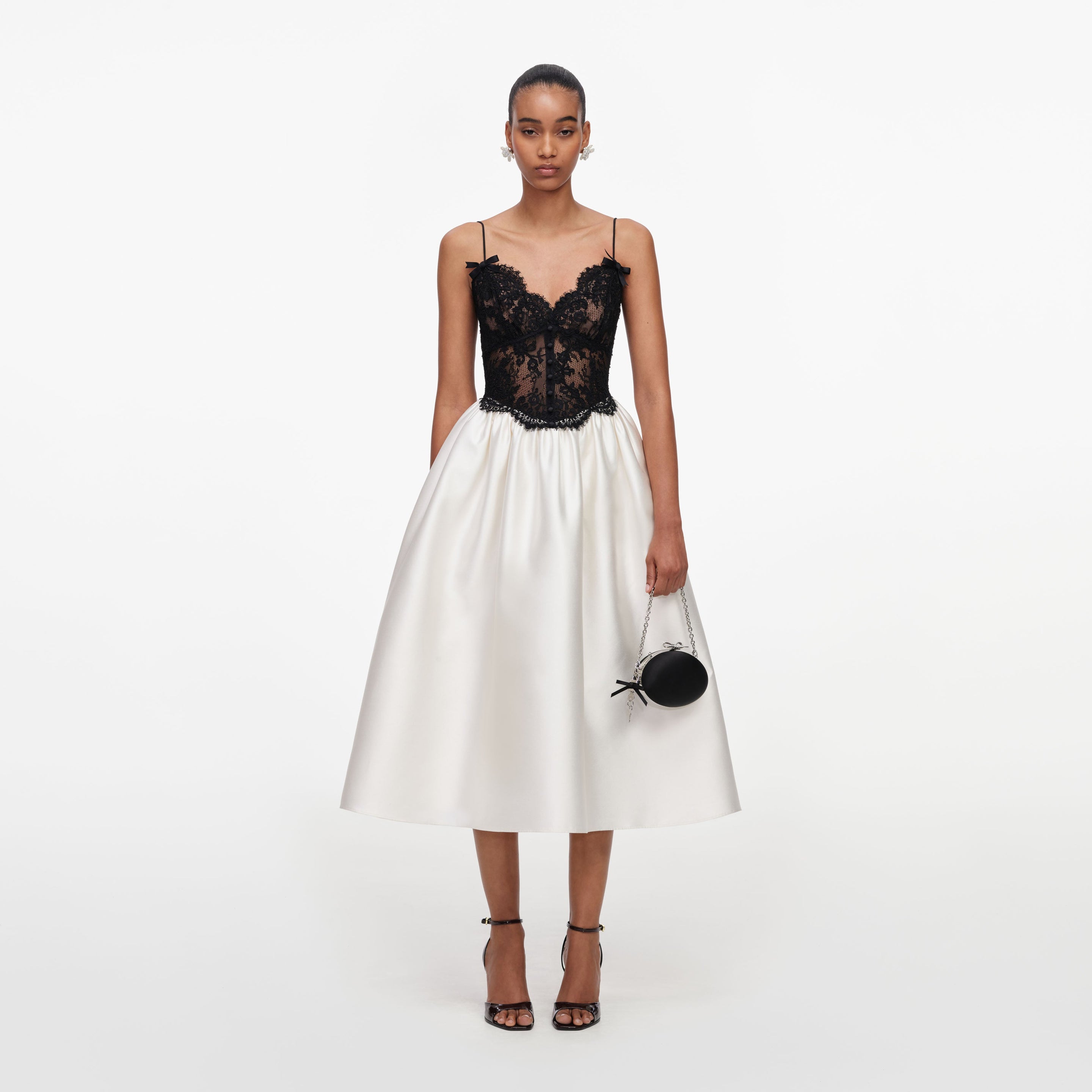 Self Portrait Taffeta Contrast Lace Midi Dress | Off White | Size 12