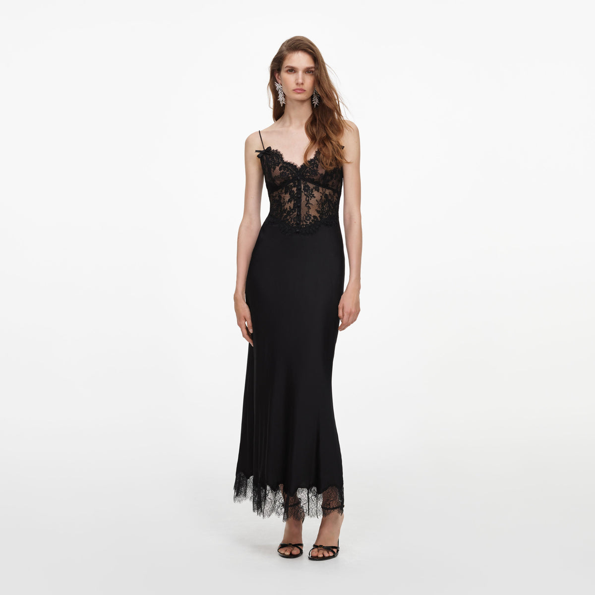 self-portrait - Black Satin Lace Midi Dress