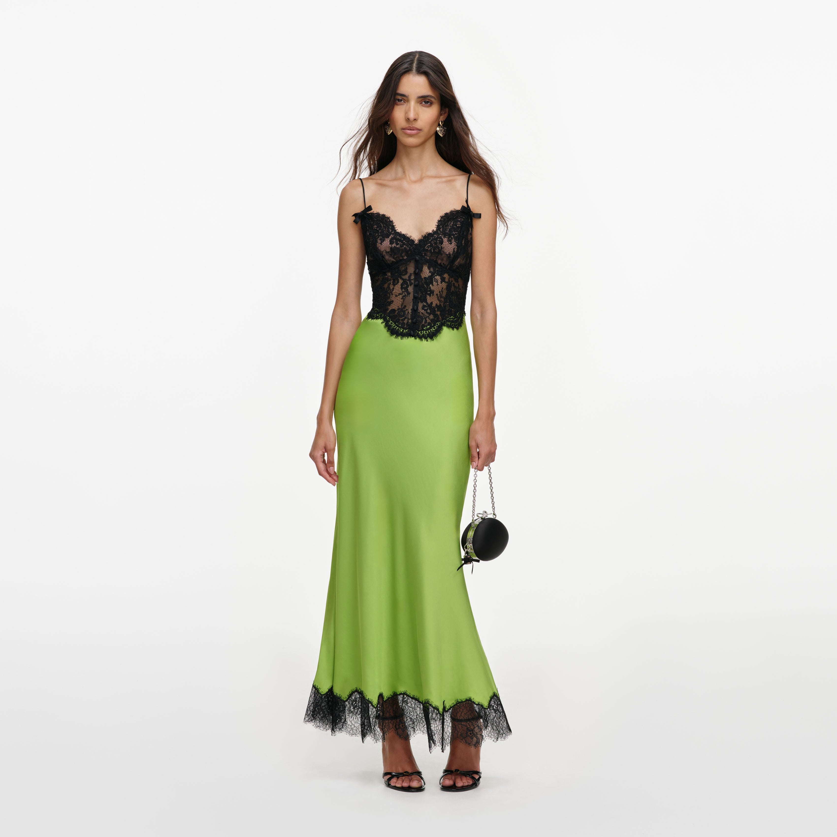 Green Satin Lace Midi Dress
