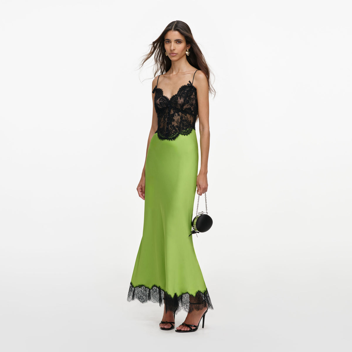 self-portrait - Green Satin Lace Midi Dress