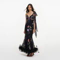 Black Floral Georgette Feather Maxi Dress