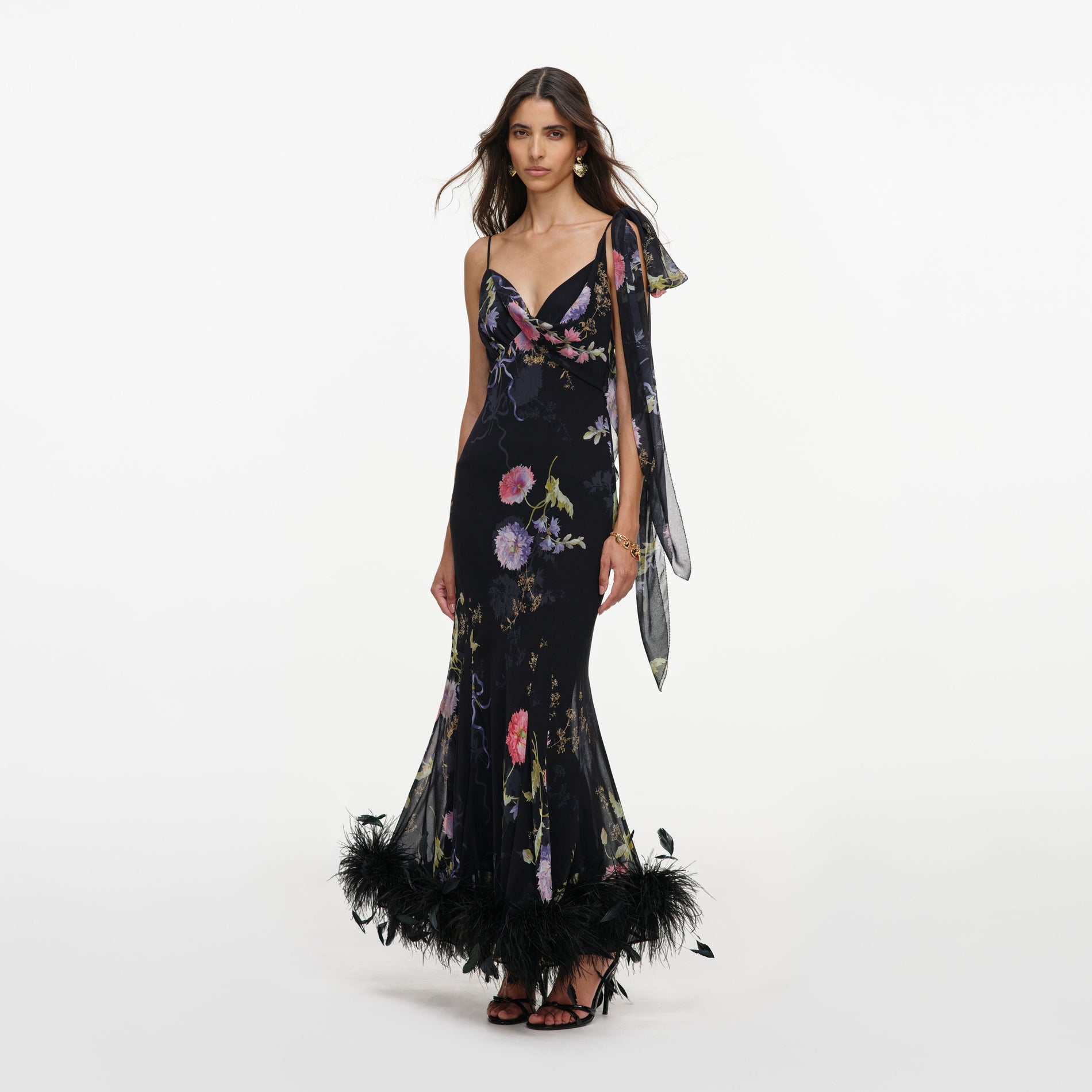 Black Floral Georgette Feather Maxi Dress