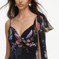 Black Floral Georgette Feather Maxi Dress