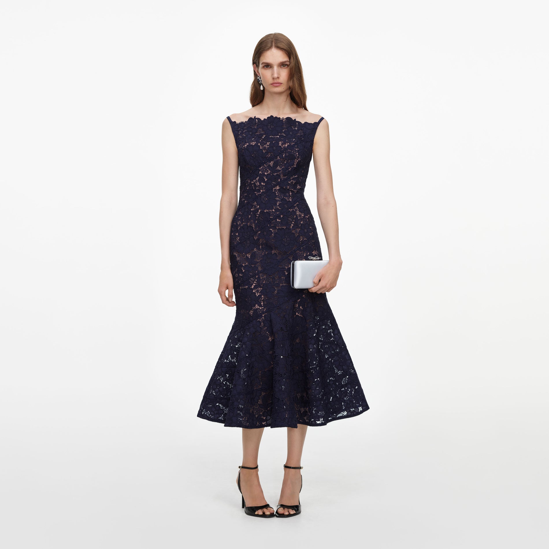 Navy Spiral Lace Midi Dress