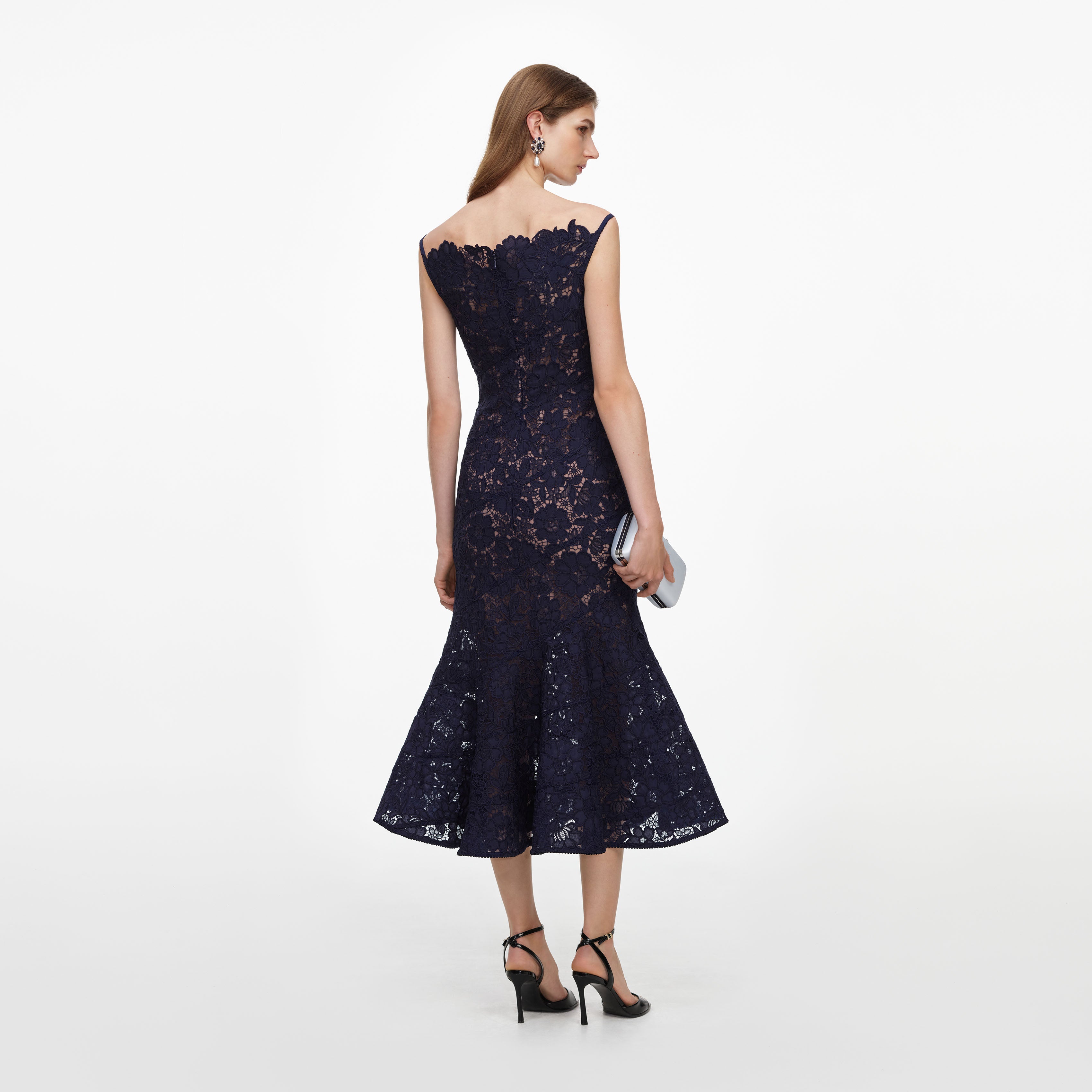 Navy Spiral Lace Midi Dress