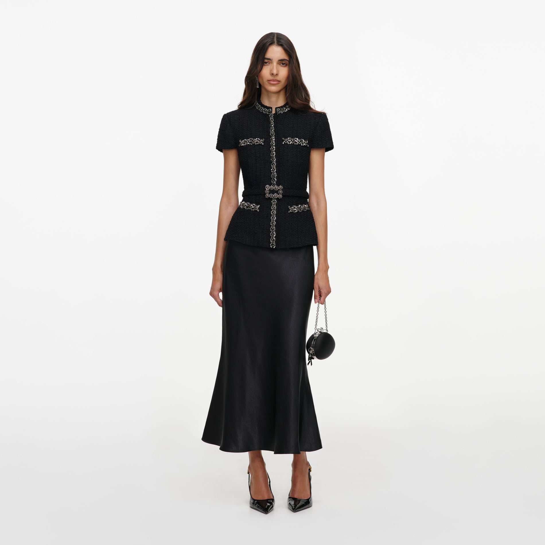 Black Boucle Crystal Trim Satin Midi Dress