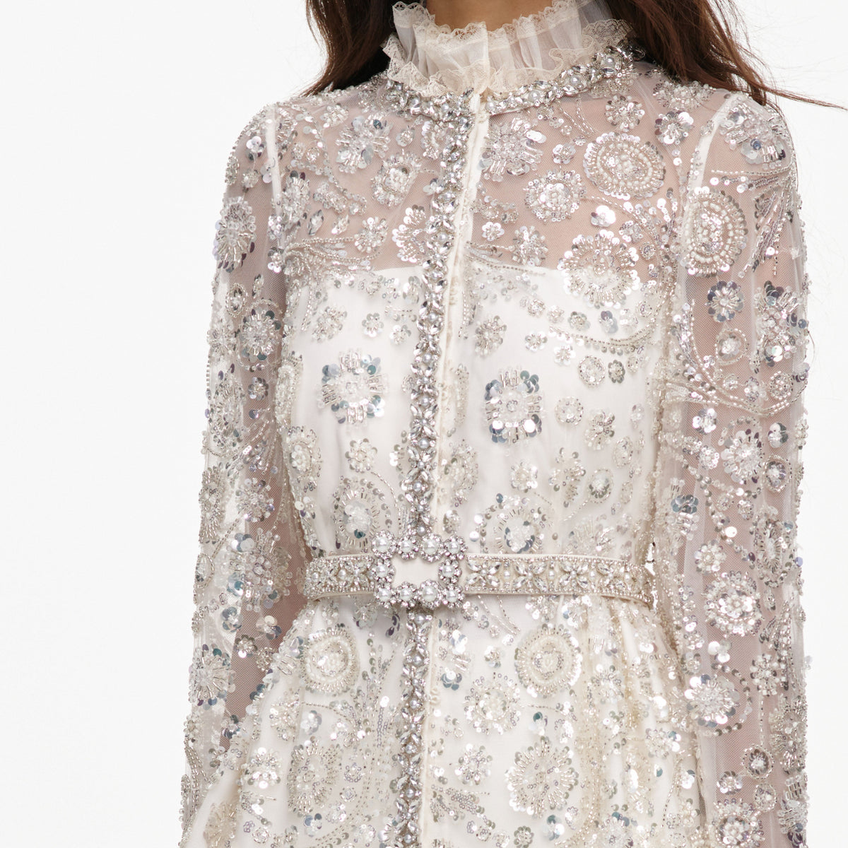 self portrait cream embellished tiered dress Cream Rhinestone Mesh Ruffle Mini Dress  self-portrait-US