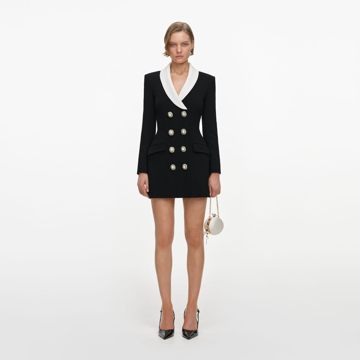 black blazer dress with gold buttons self-portrait - Tailored Mini Size:32-34 inspired styling and a Ruffle Hem Denim Dress Sofita White Marble Dresser