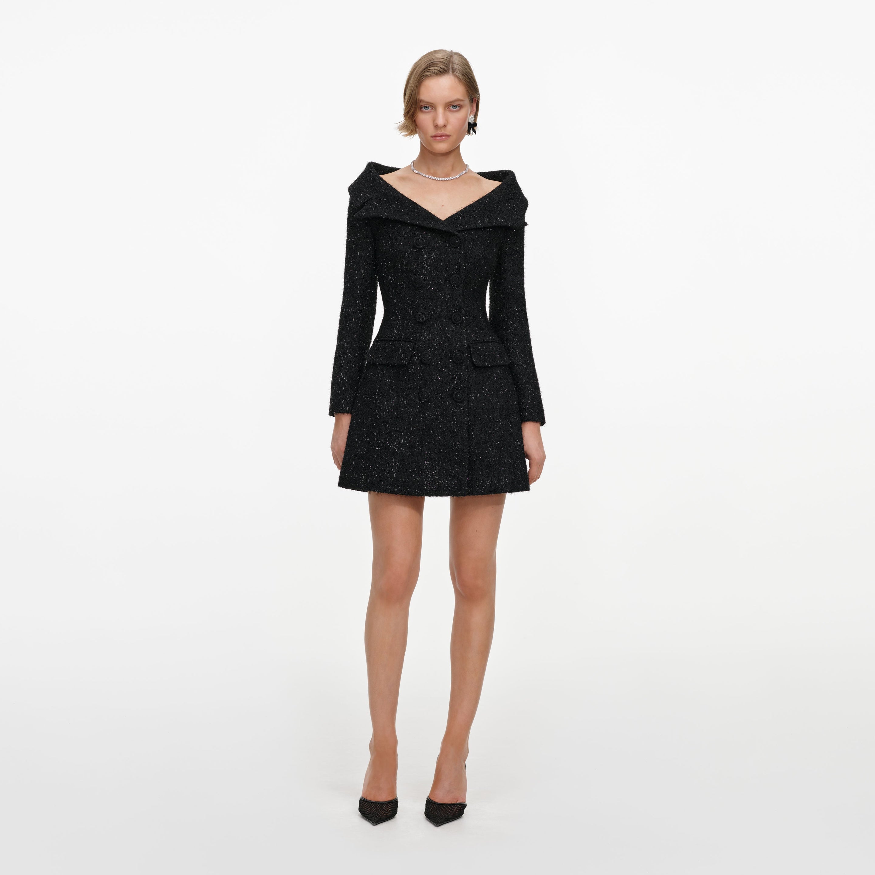 self-portrait - Black Metallic Boucle Mini Dress