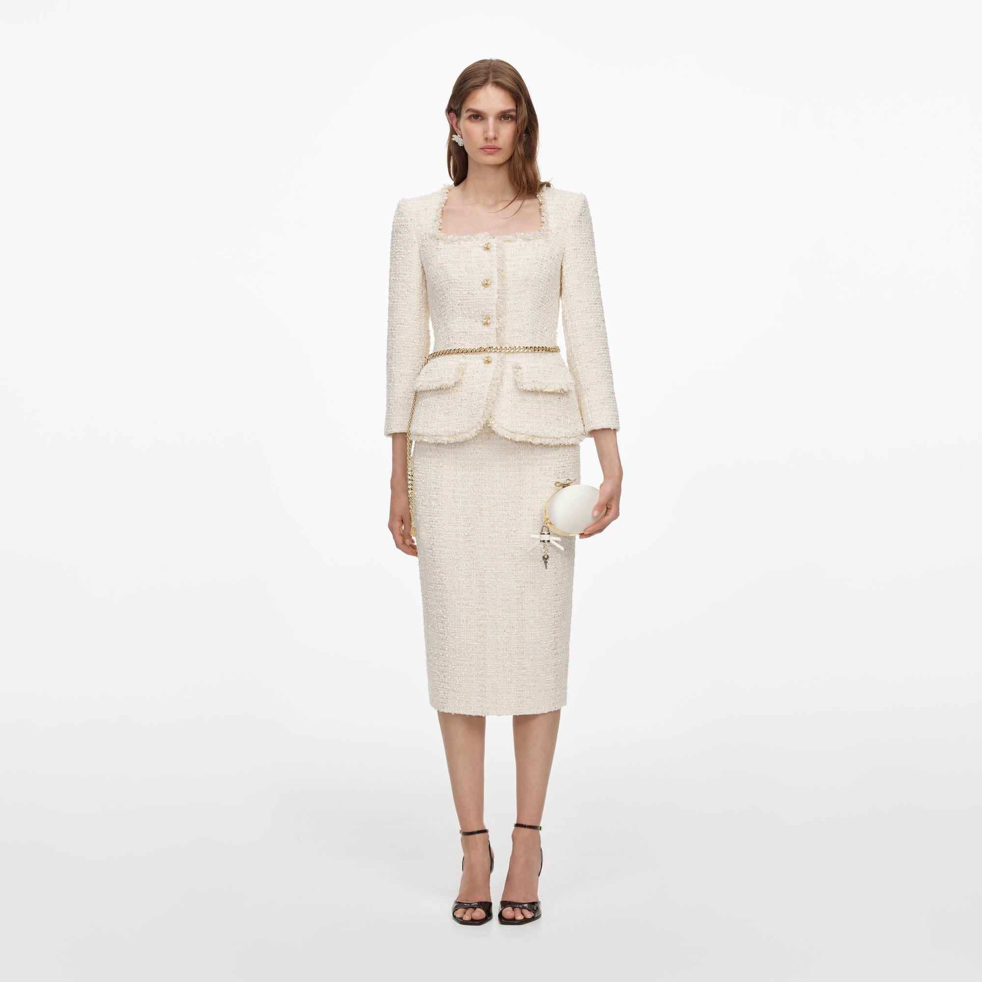 Cream Boucle Tailored Chain Midi Dress