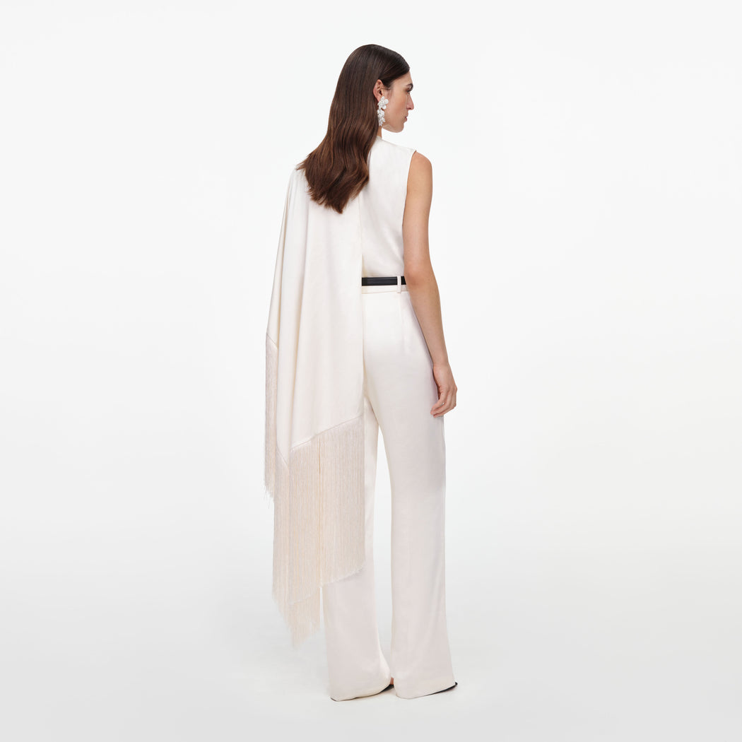 Cream Satin Fringed Scarf Top
