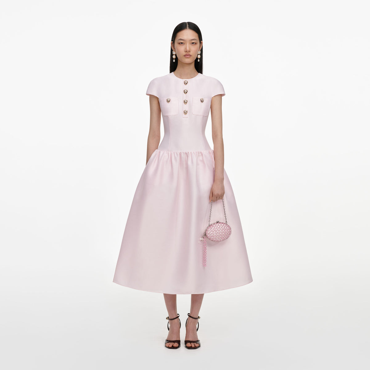 pink button midi dress Petal Pink Button Down Midi Dress  Rhinestone Angel