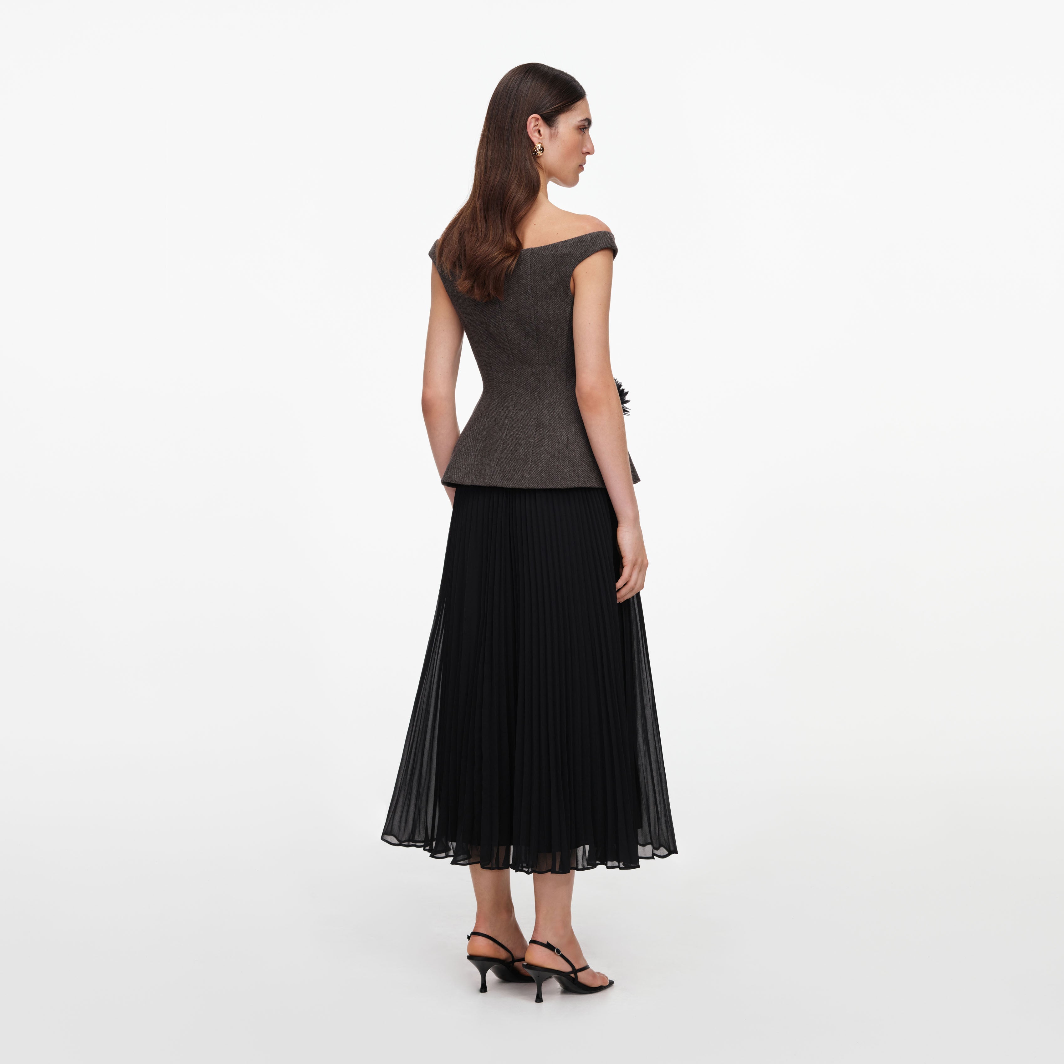 Brown Off Shoulder Chiffon Midi Dress