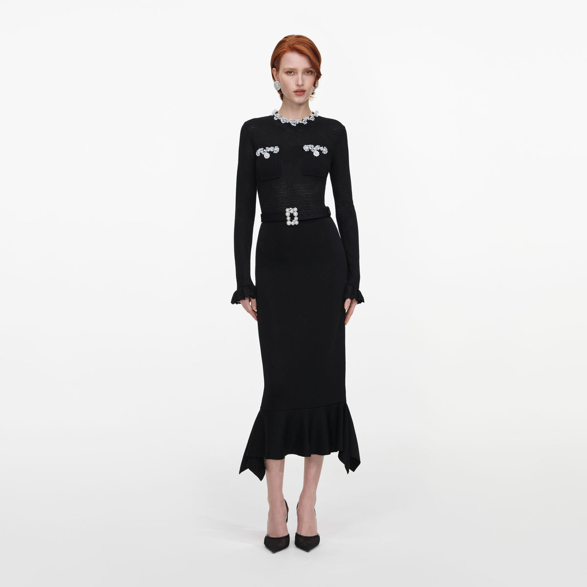 black pearl trim knit midi dress self-portrait - Black Pearl Trim Knit Midi Dress