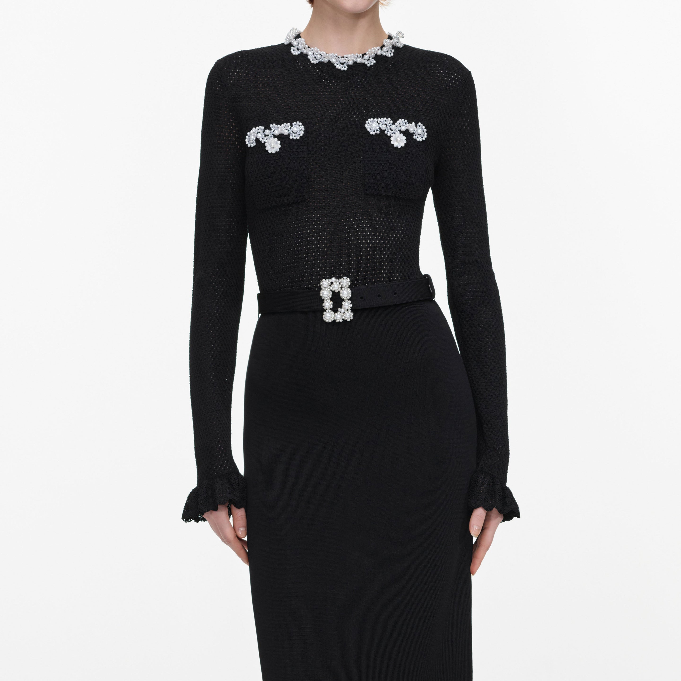 Black Pearl Trim Knit Midi Dress – self-portrait-US