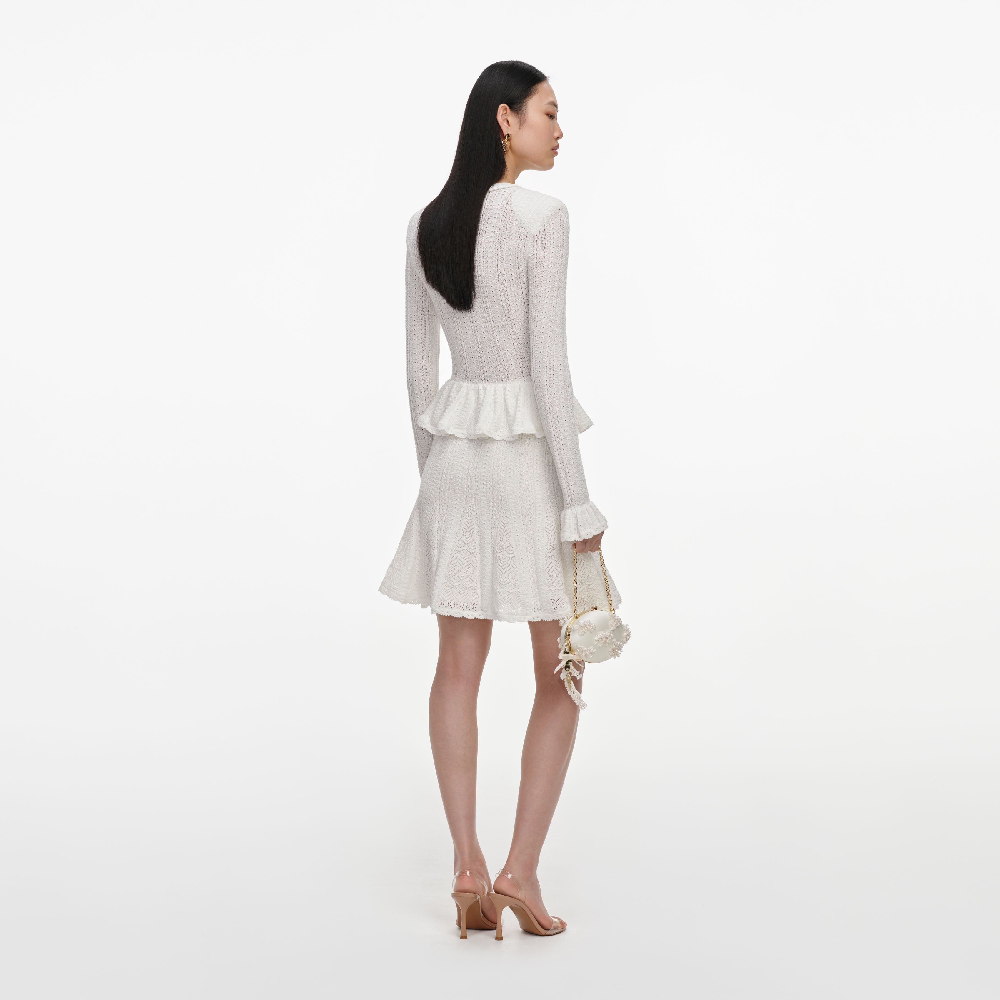 White Pointelle Peplum Knit Mini Dress