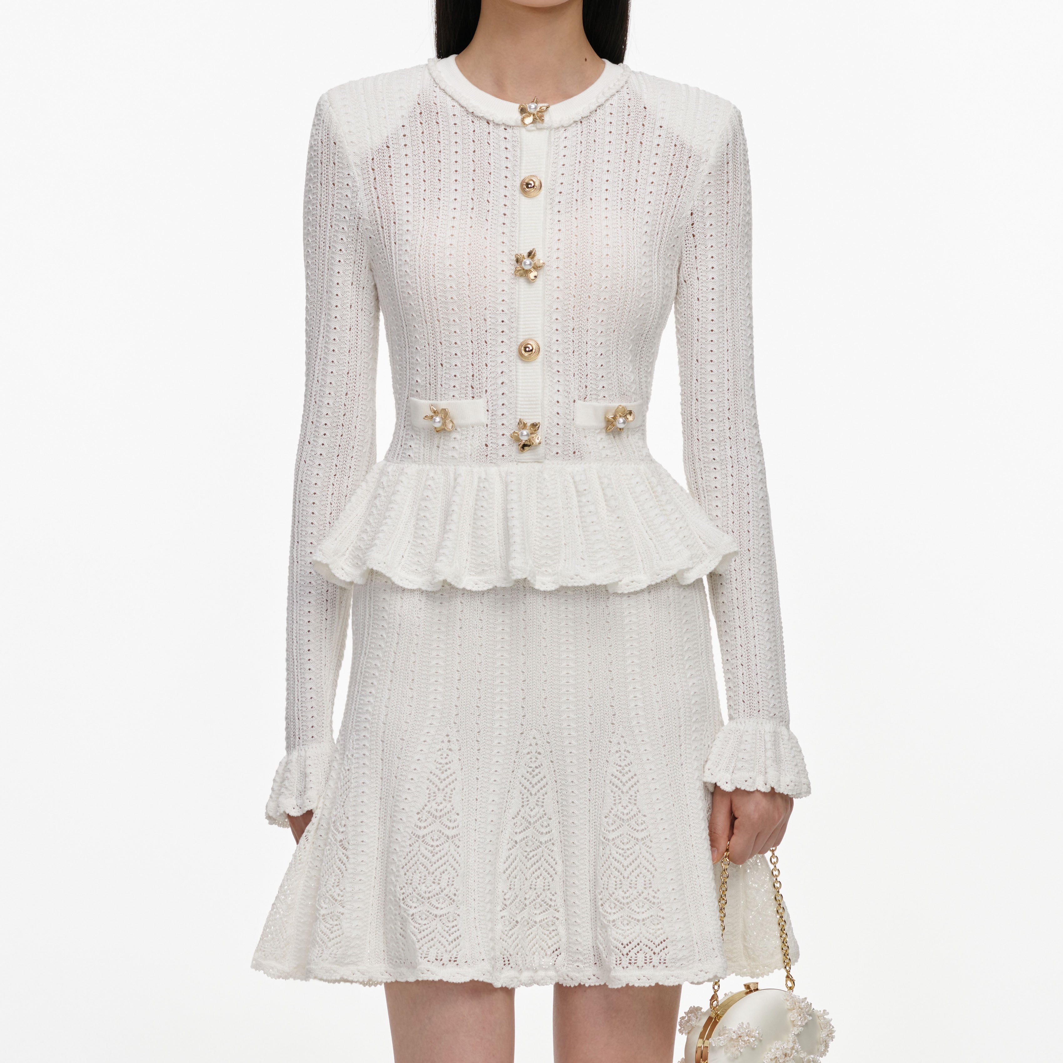 White Pointelle Peplum Knit Mini Dress