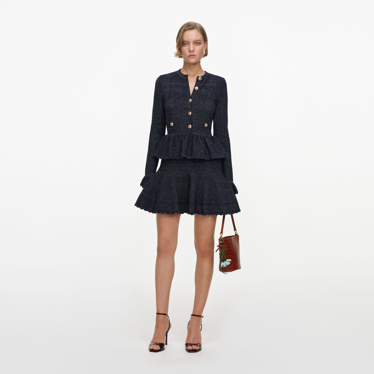 self portrait textured knit mini dress Self-Portrait - Navy Petite-Friendly Wedding Guest Dresses adult wednesday addams outfit color:NAVY each fastened with an