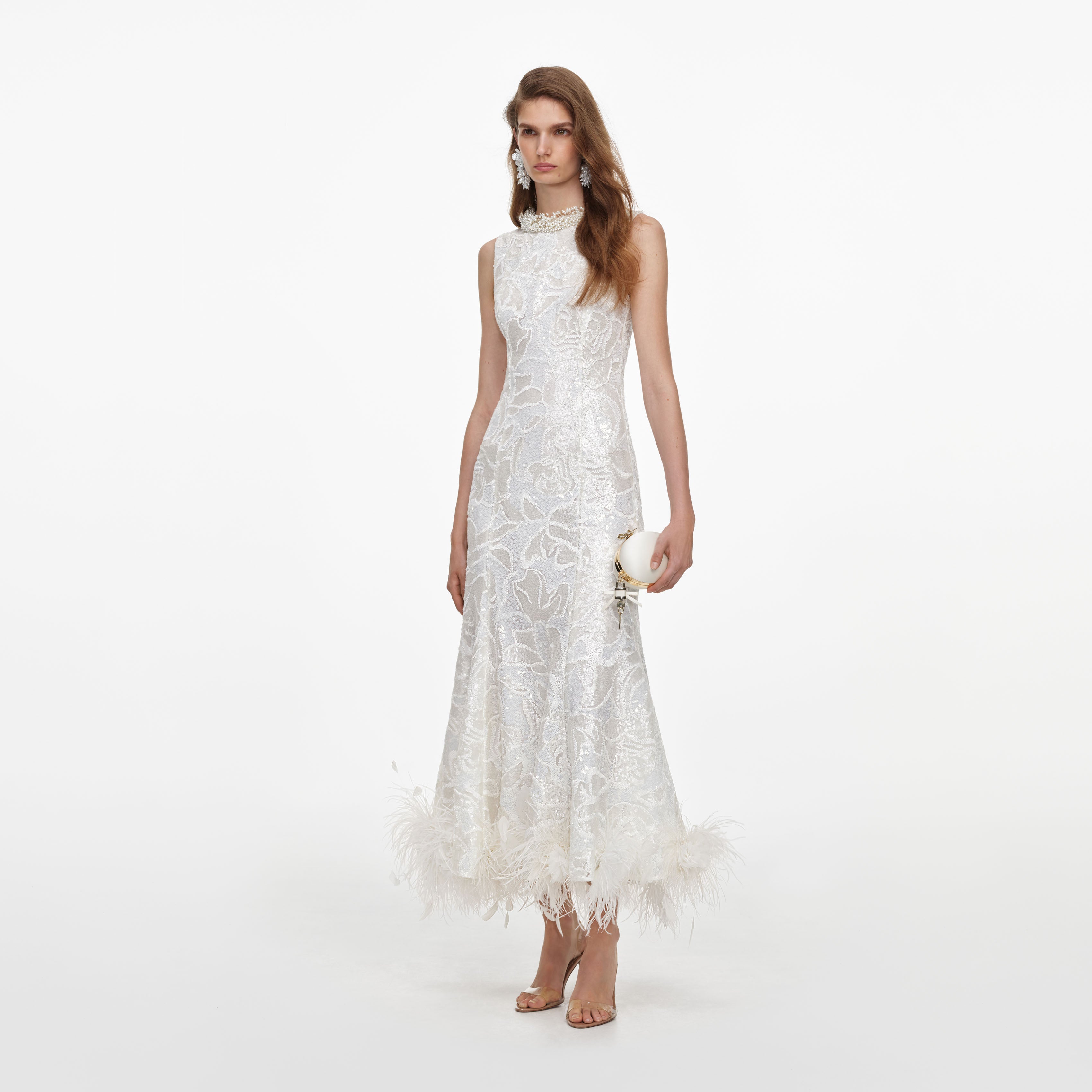 White Sequin Lace Feather Midi Dress – self-portrait-US