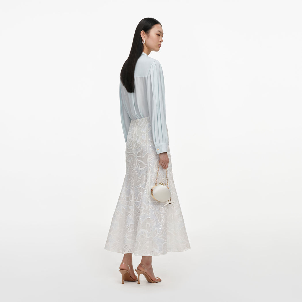 White Sequin Lace Midi Skirt