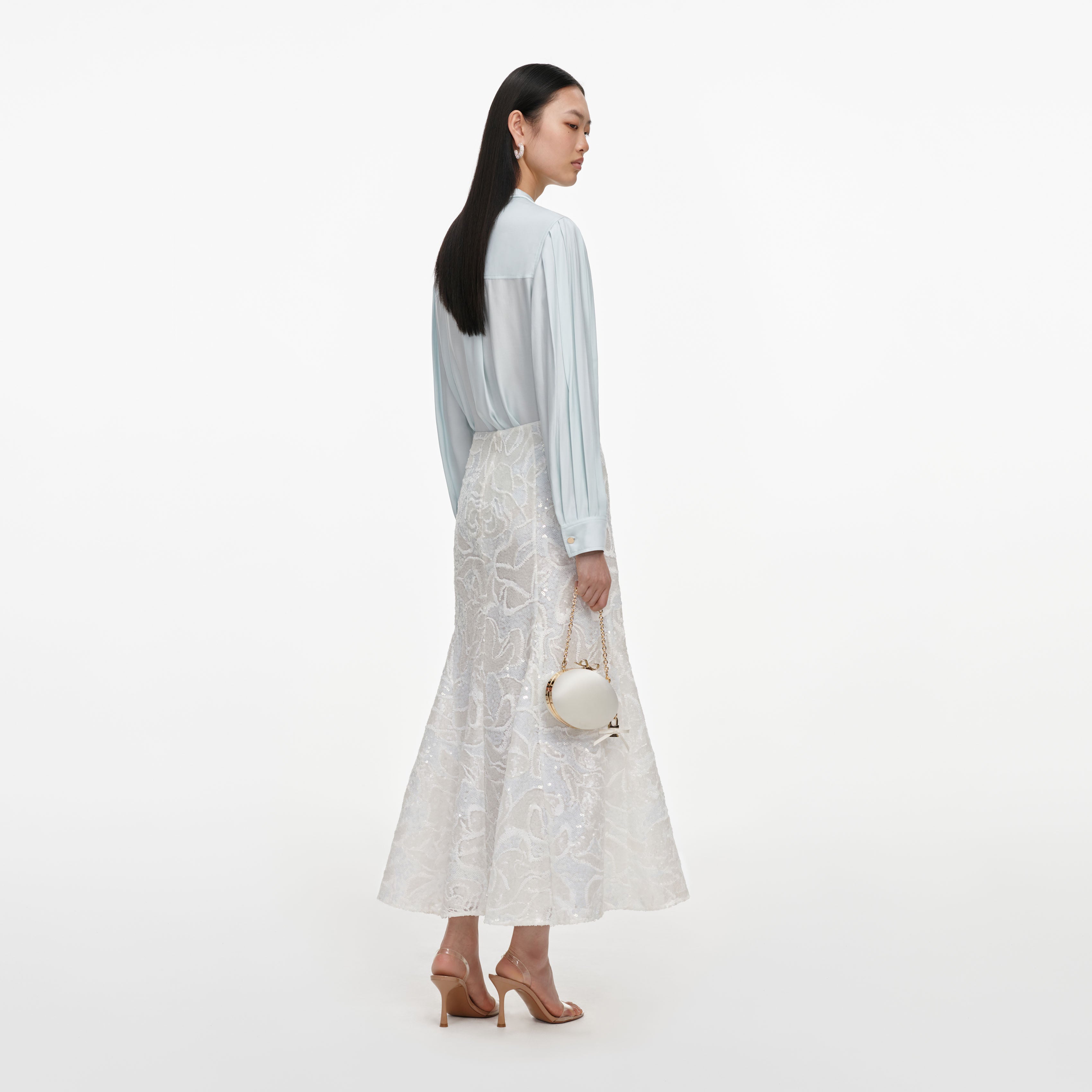 White Sequin Lace Midi Skirt