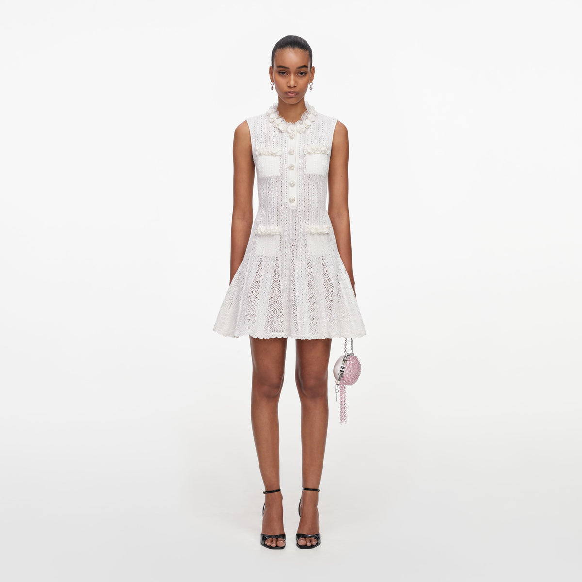 White Flower Trim Knit Mini Dress – self-portrait-US