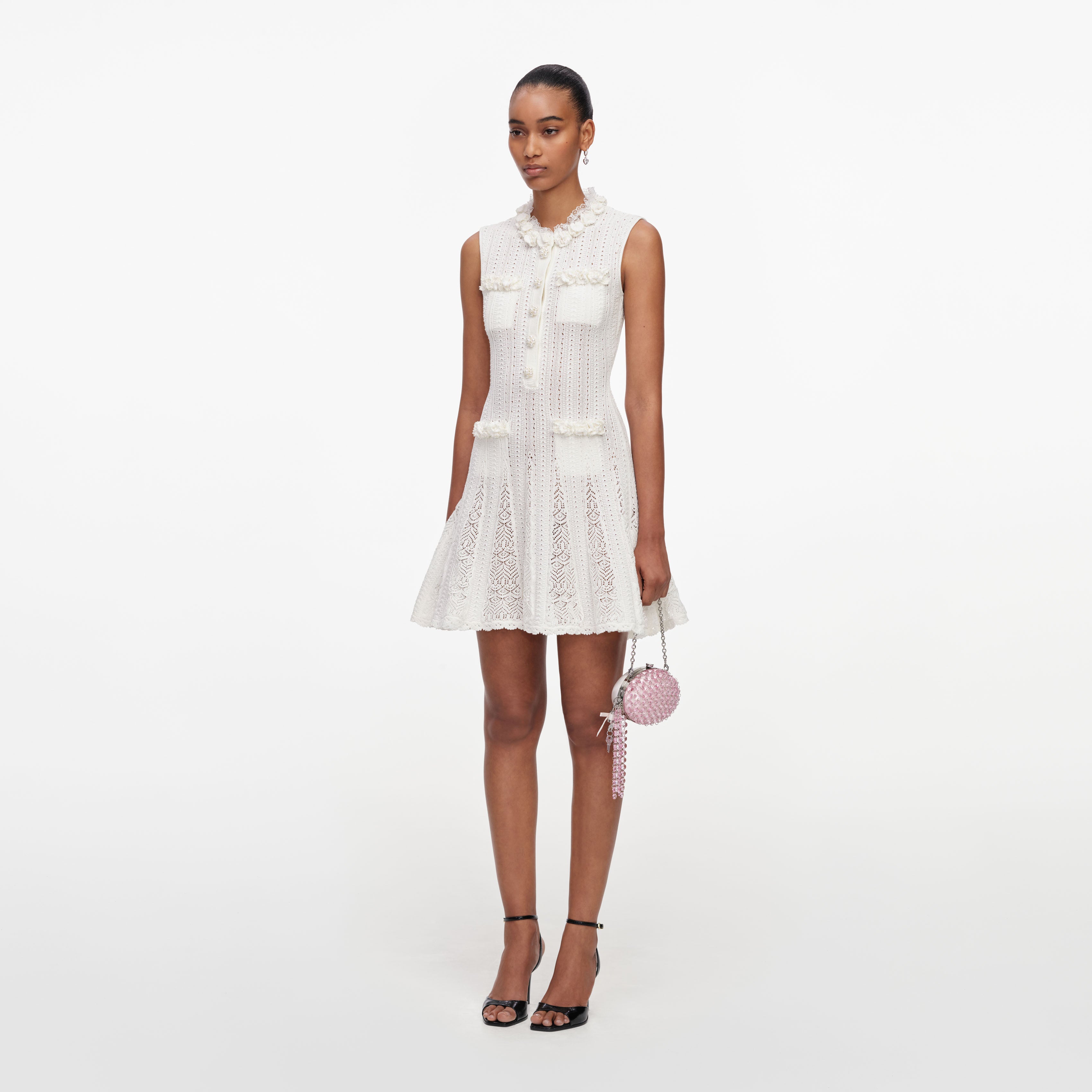 self portrait knit dress mini パフ ミニワンピース White Flower Trim Knit Mini Dress – self-portrait-US