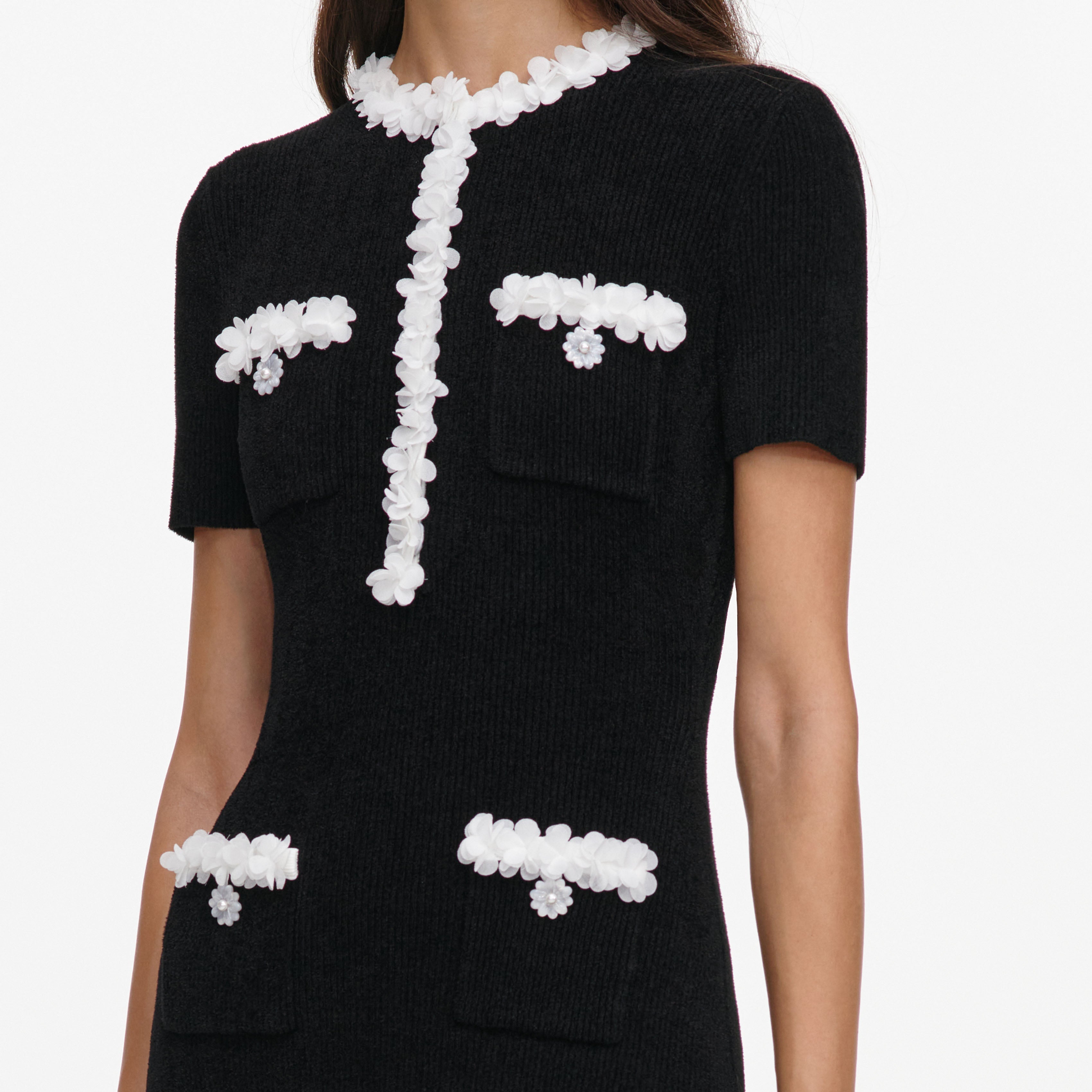 Black Chenille Knit Flower Trim Midi Dress – self-portrait-US