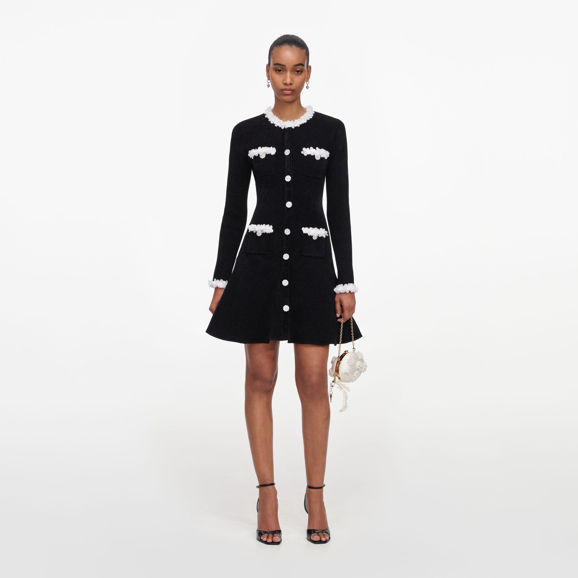 Black Chenille Knit Flower Trim Mini Dress