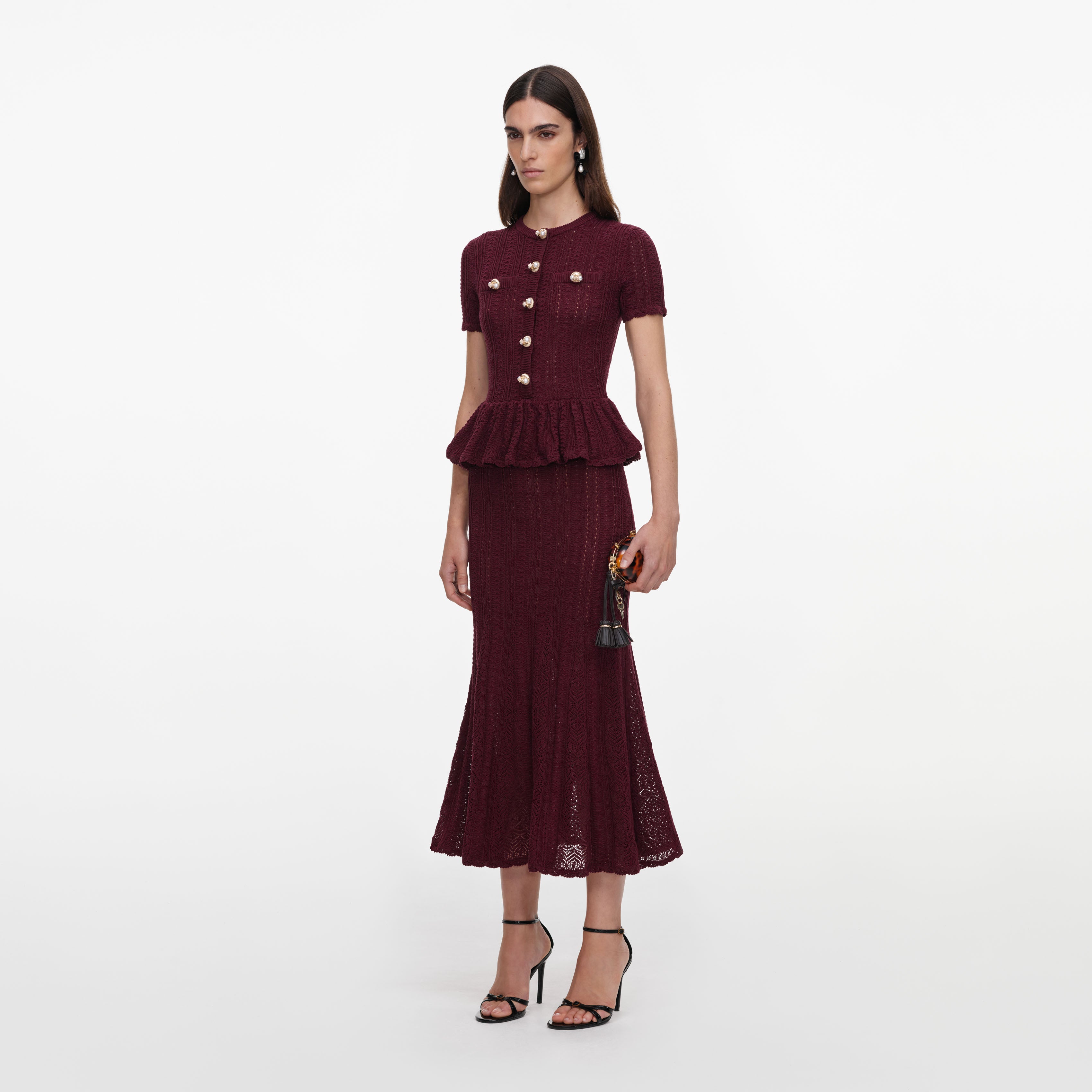 Burgundy Pointelle Peplum Knit Midi Dress – self-portrait-US
