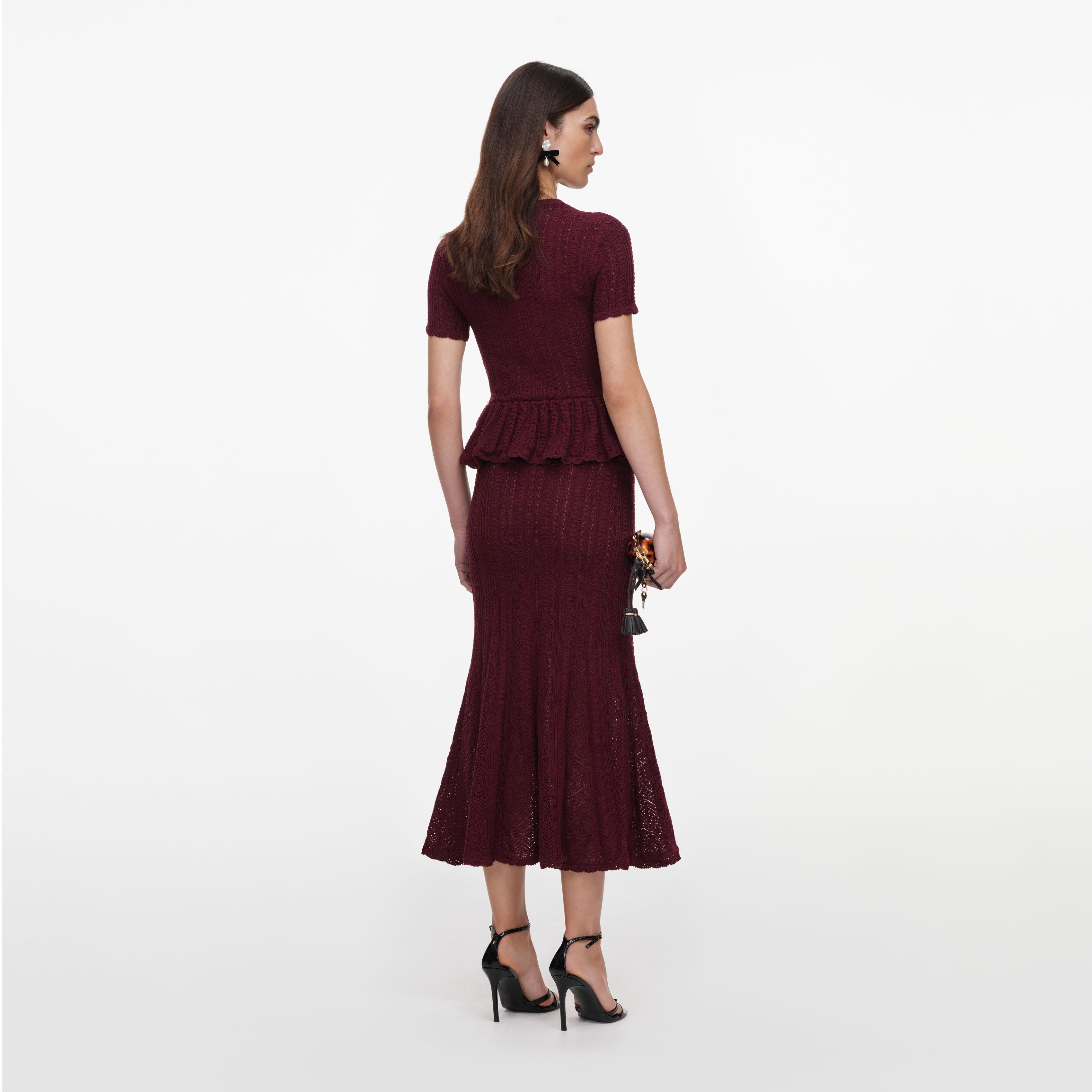 Burgundy Pointelle Peplum Knit Midi Dress – self-portrait-US