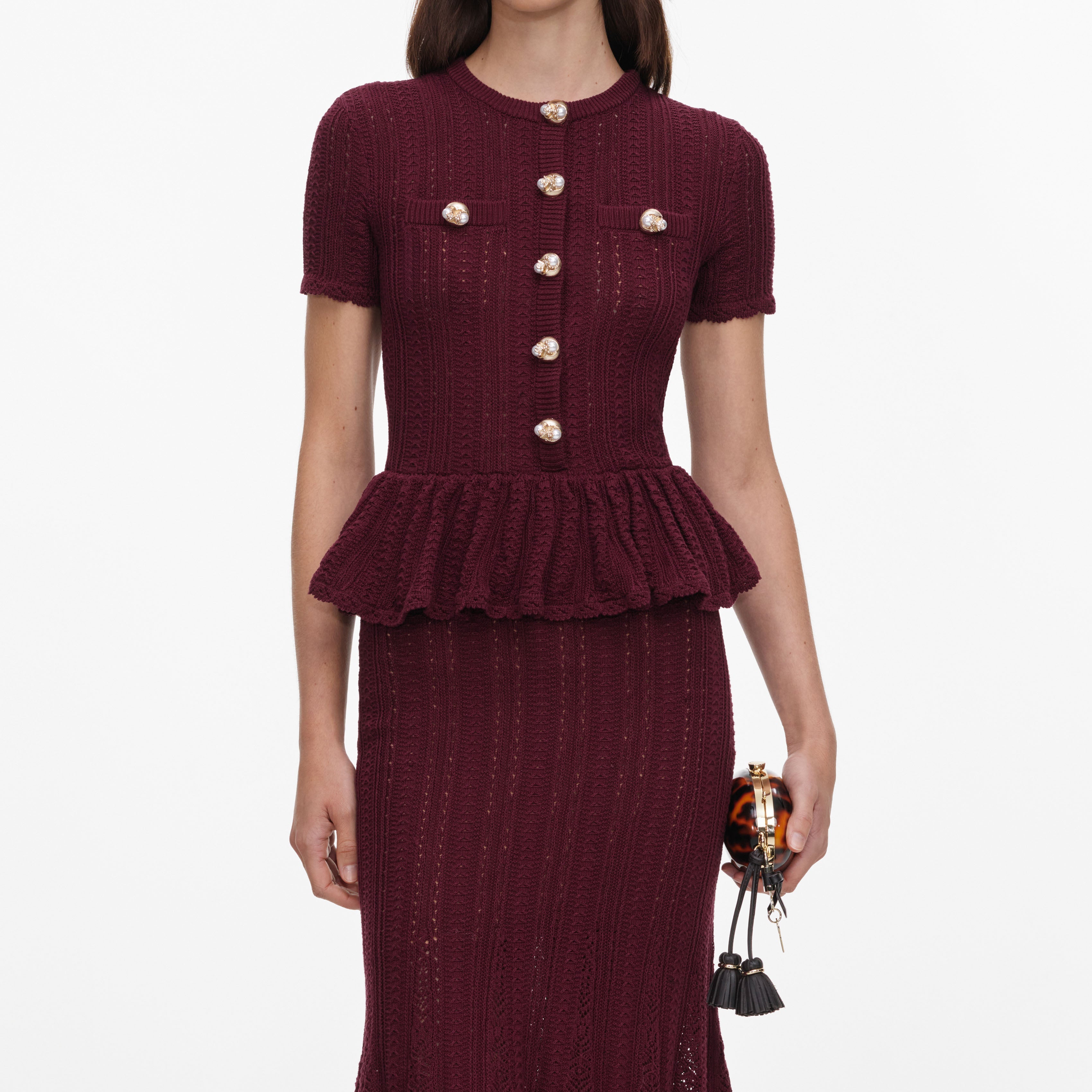 Burgundy Pointelle Peplum Knit Midi Dress – self-portrait-US