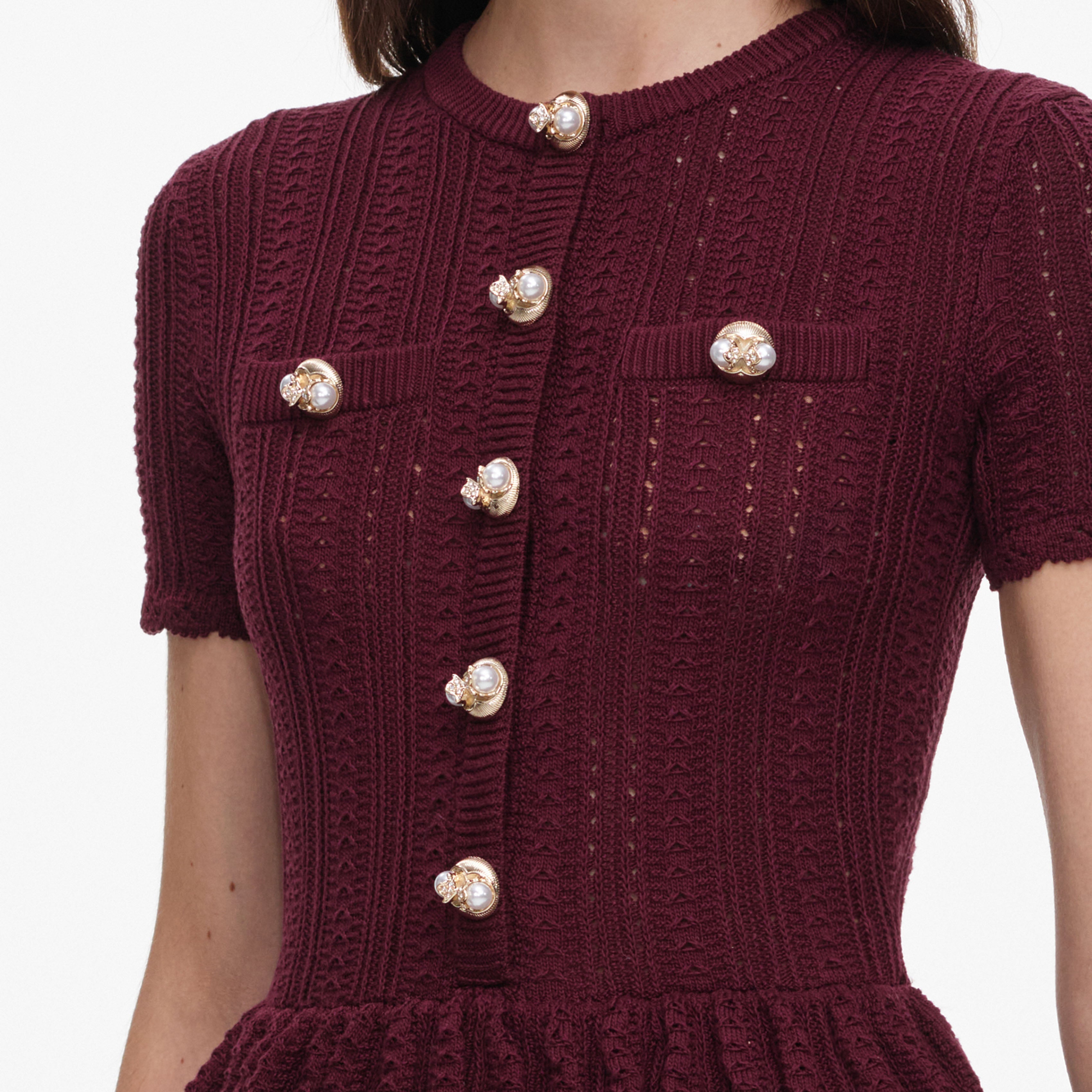 Burgundy Pointelle Peplum Knit Midi Dress – self-portrait-US