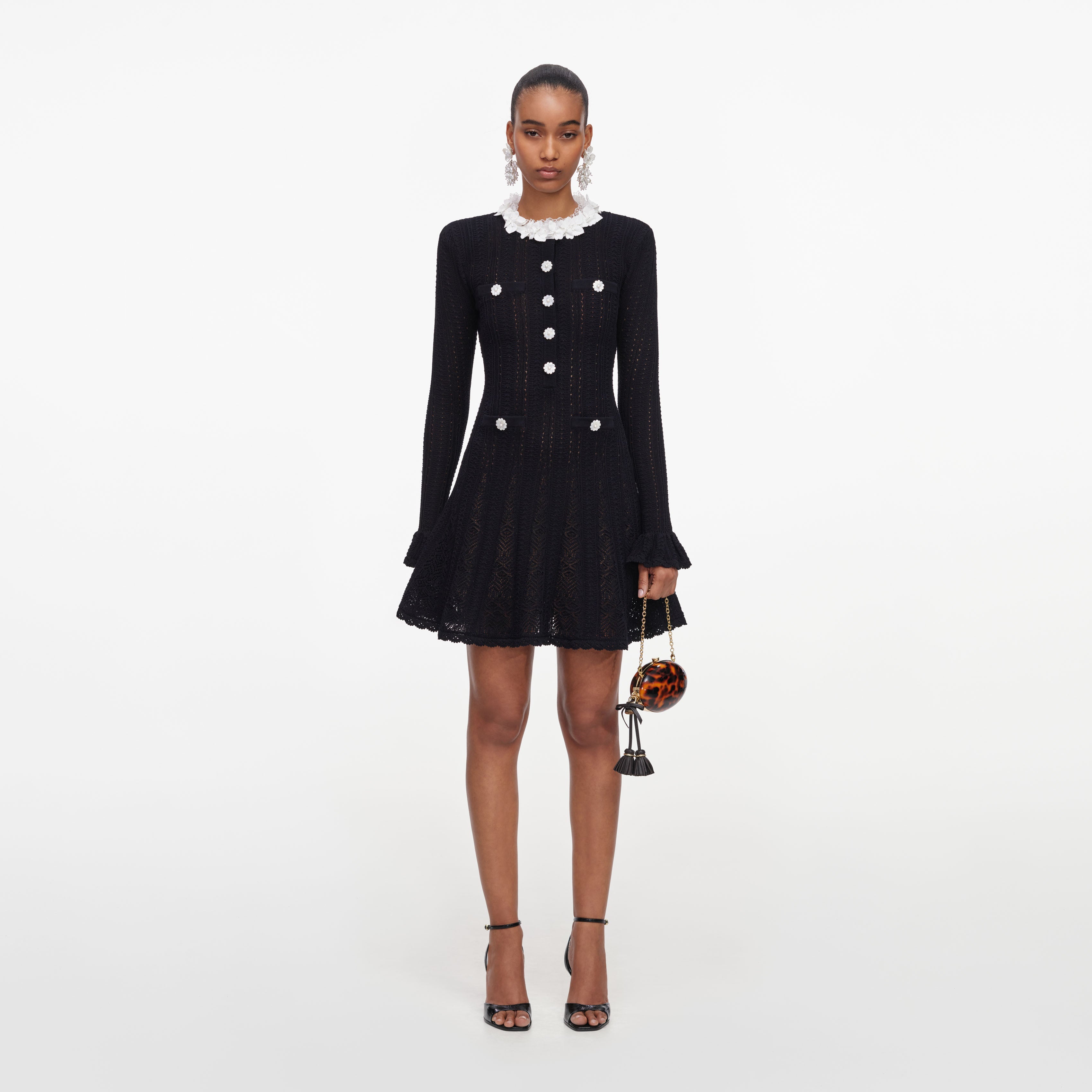 Black Flower Trim Knit Mini Dress – self-portrait-US