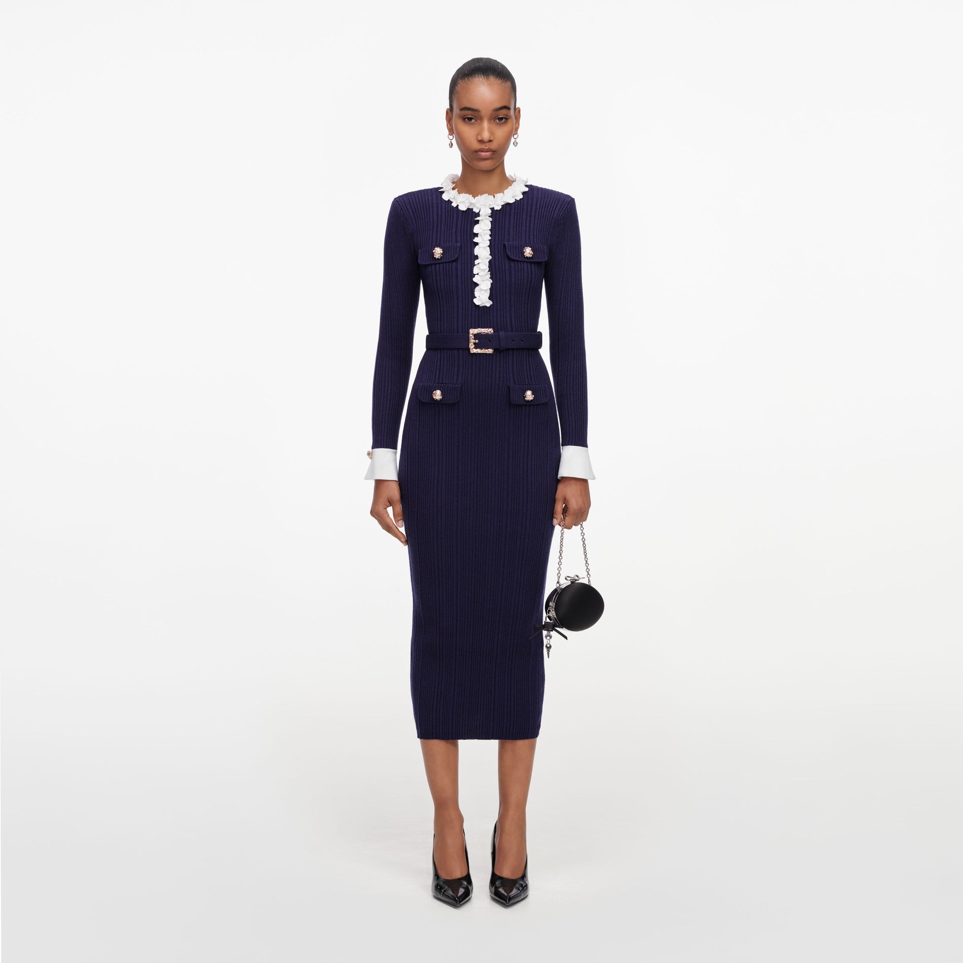 Navy Flower Rib Knit Midi Dress