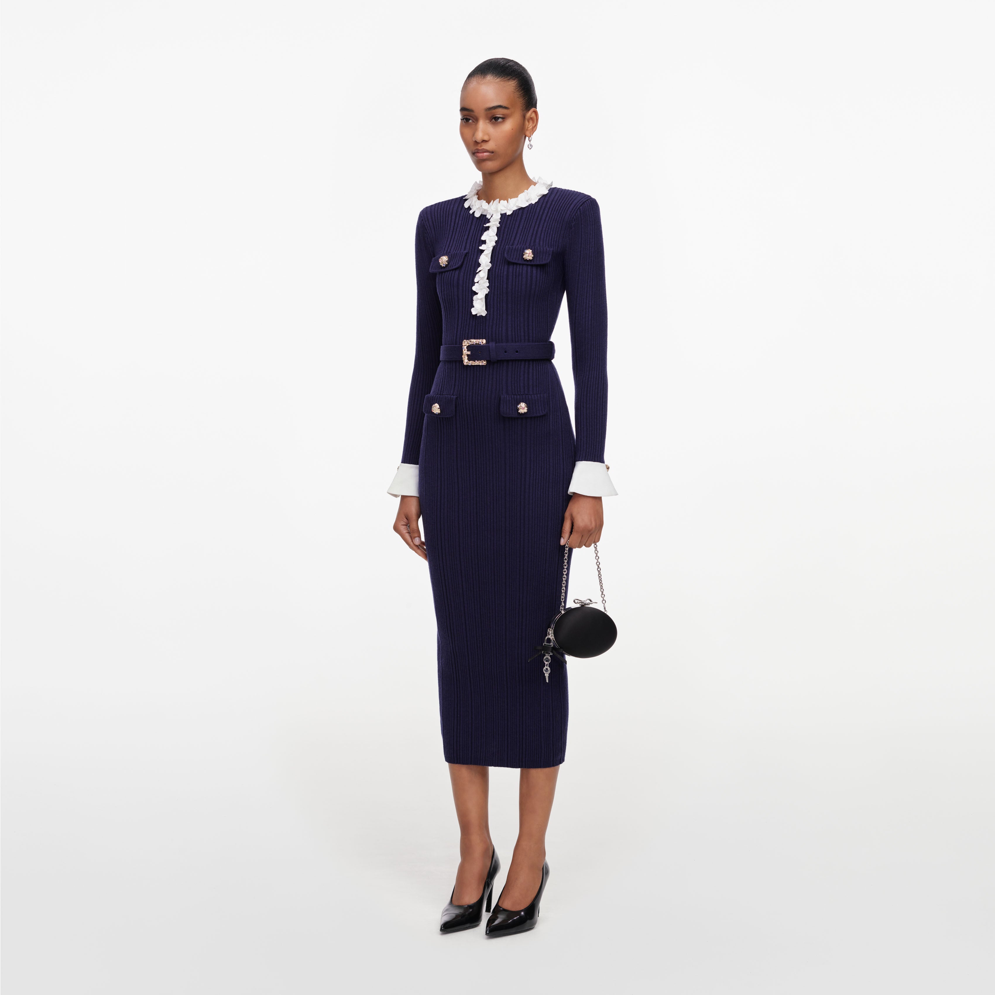 Navy Flower Rib Knit Midi Dress