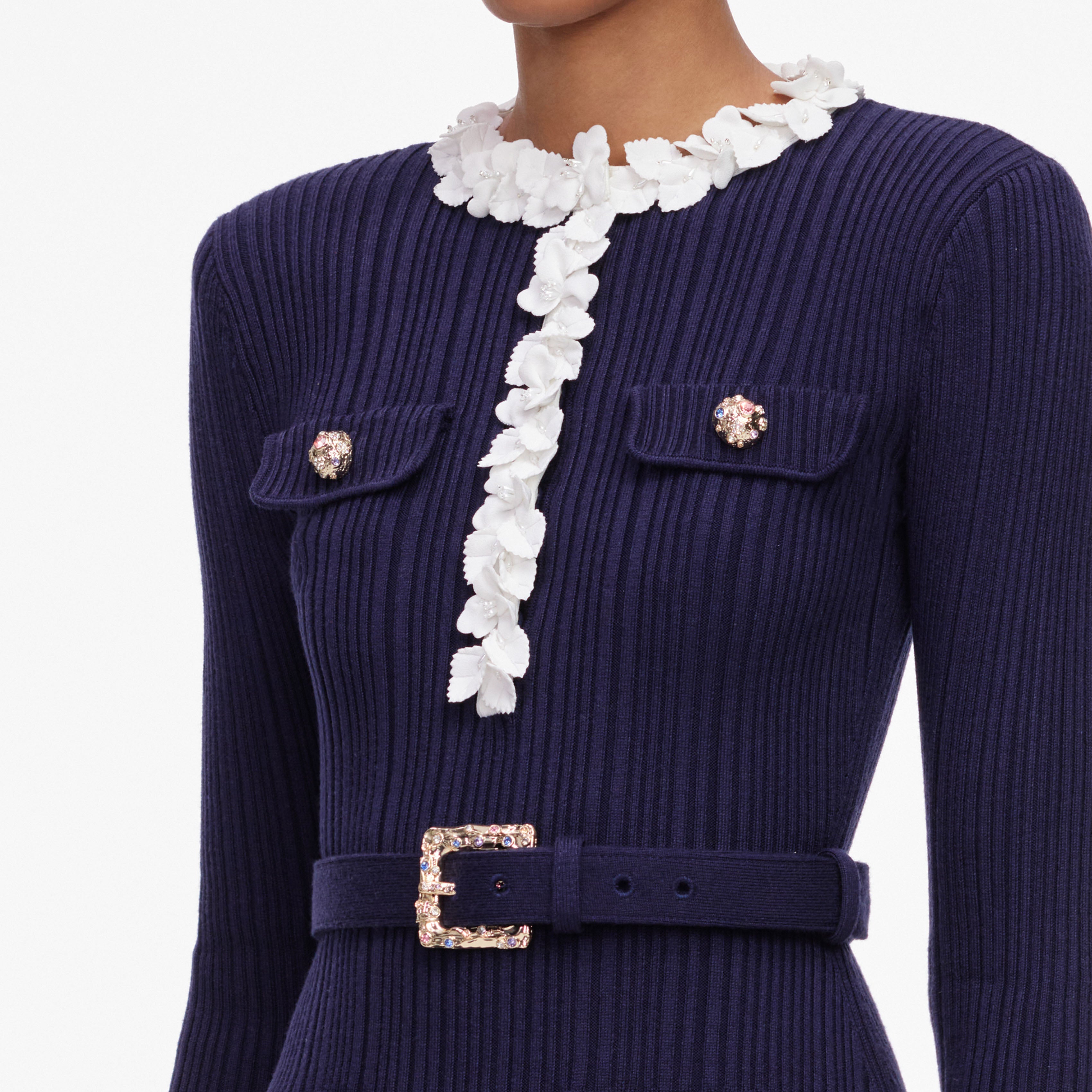 Navy Flower Rib Knit Mini Dress – self-portrait-US
