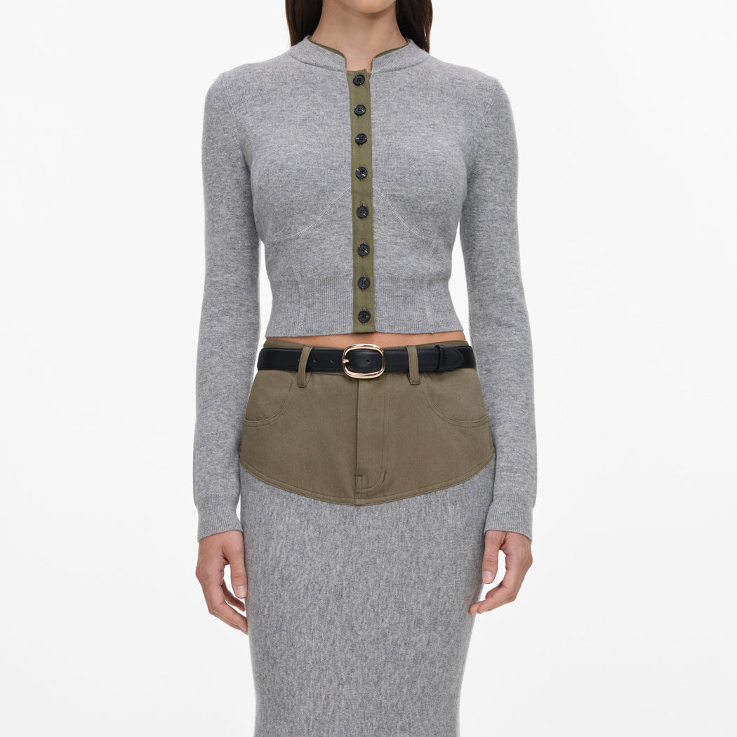 Grey Knit Khaki Denim Insert Midi Skirt