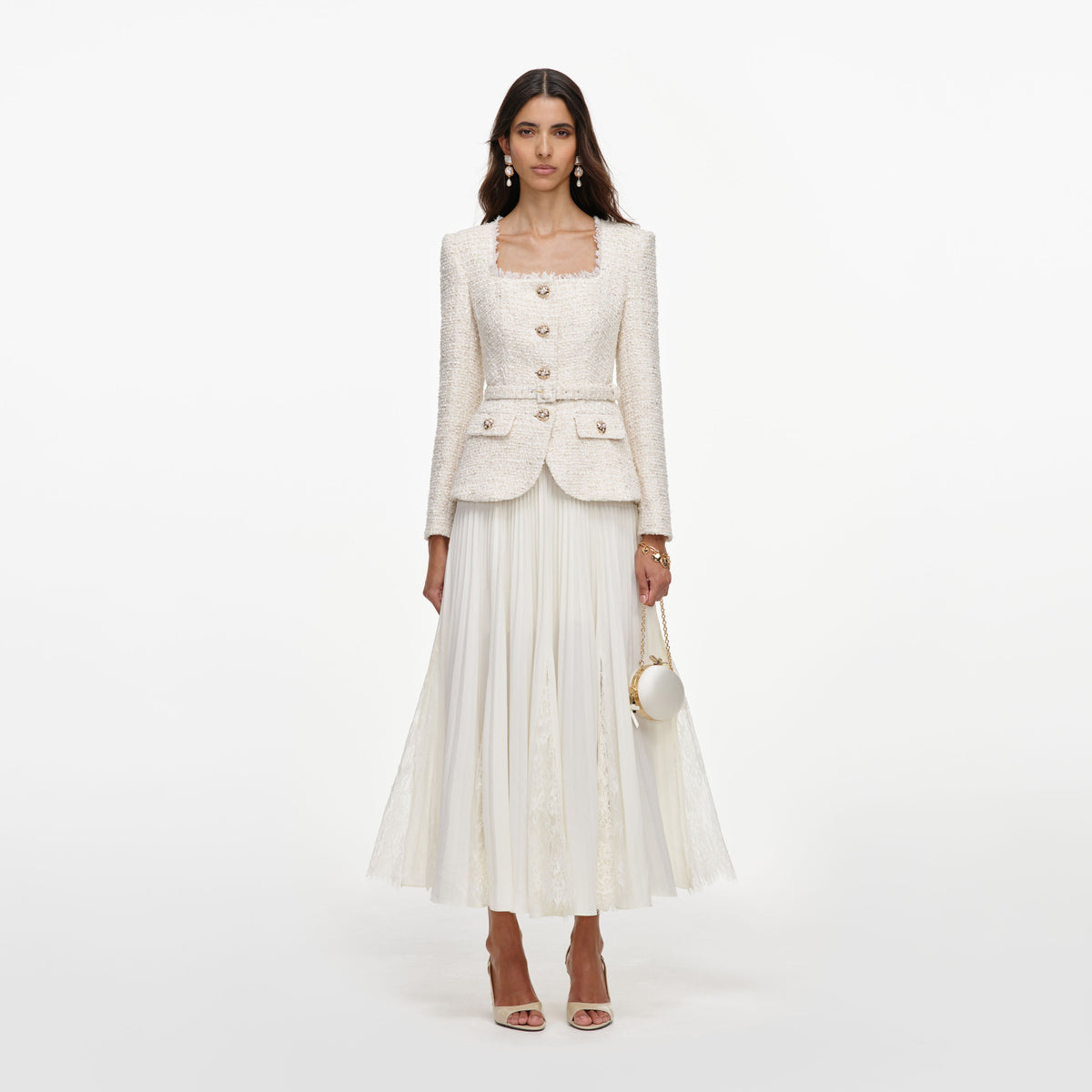 self-portrait - Cream Tailored Boucle And Chiffon Midi Dress