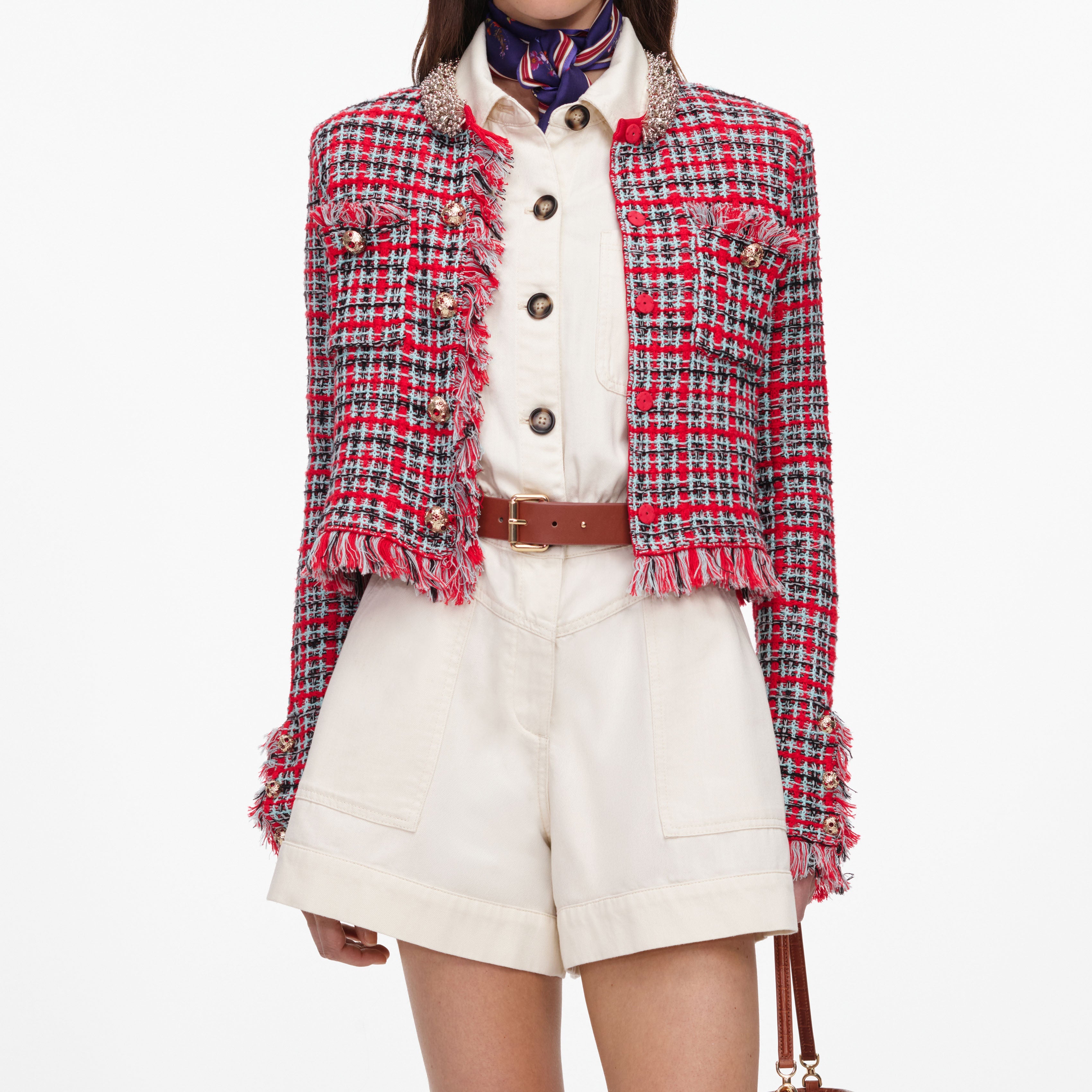SELF PORTRAIT - ❤️Selfportrait23新作新品★レッド　チェック　ジャケット Red Check Frayed Knit Jacket – self-portrait-US