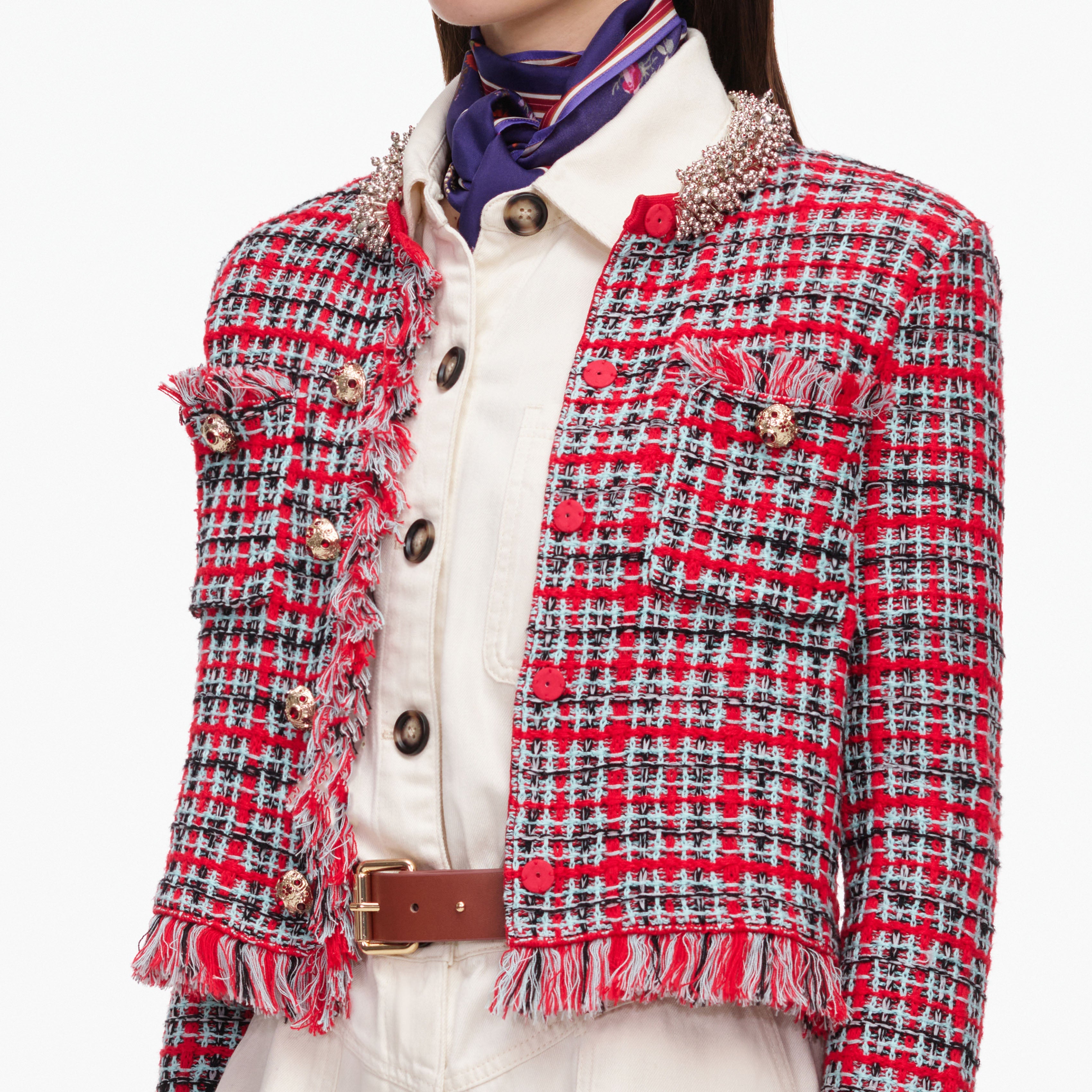 Red Check Frayed Knit Jacket – self-portrait-US