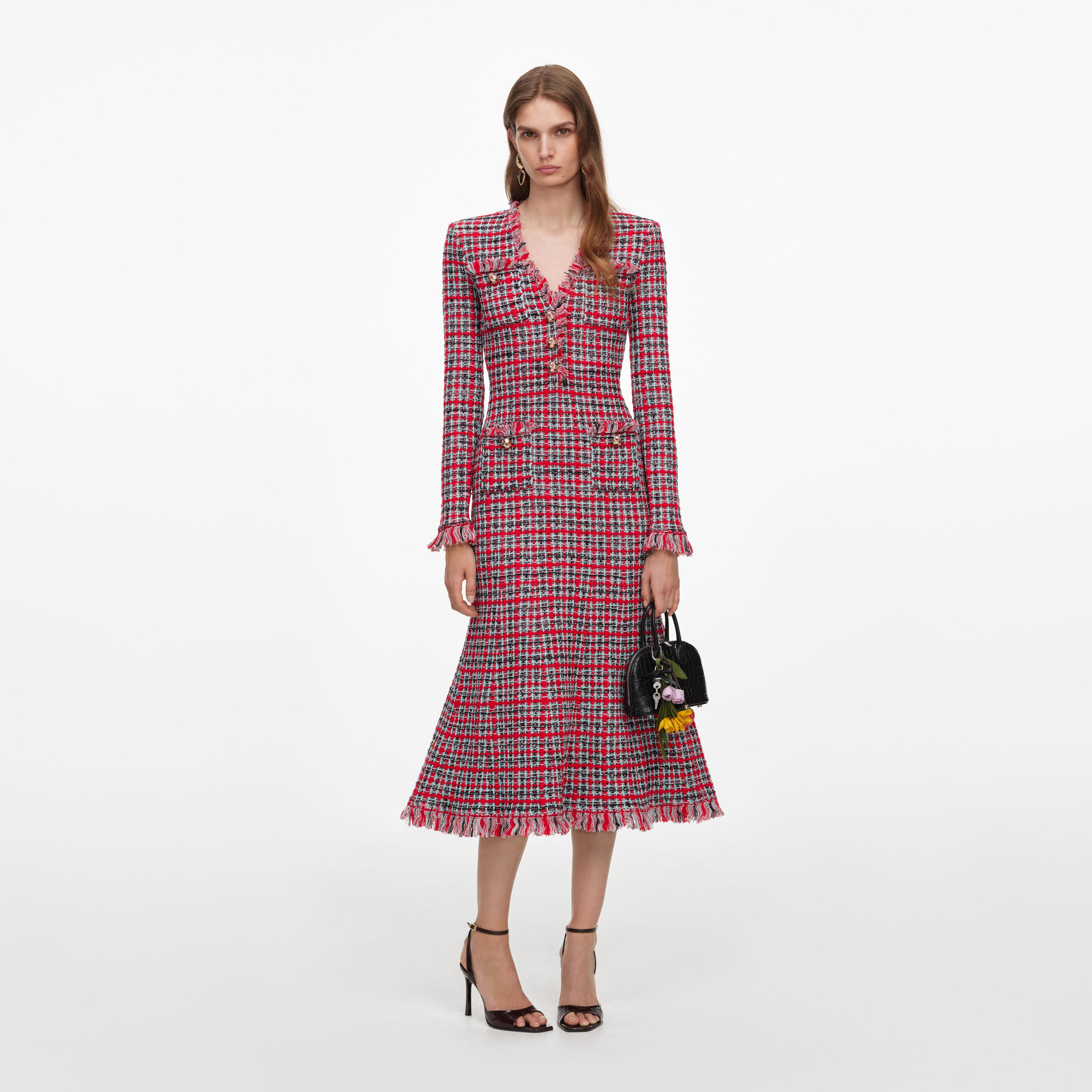 Red Check Frayed Knit Midi Dress – self-portrait-US