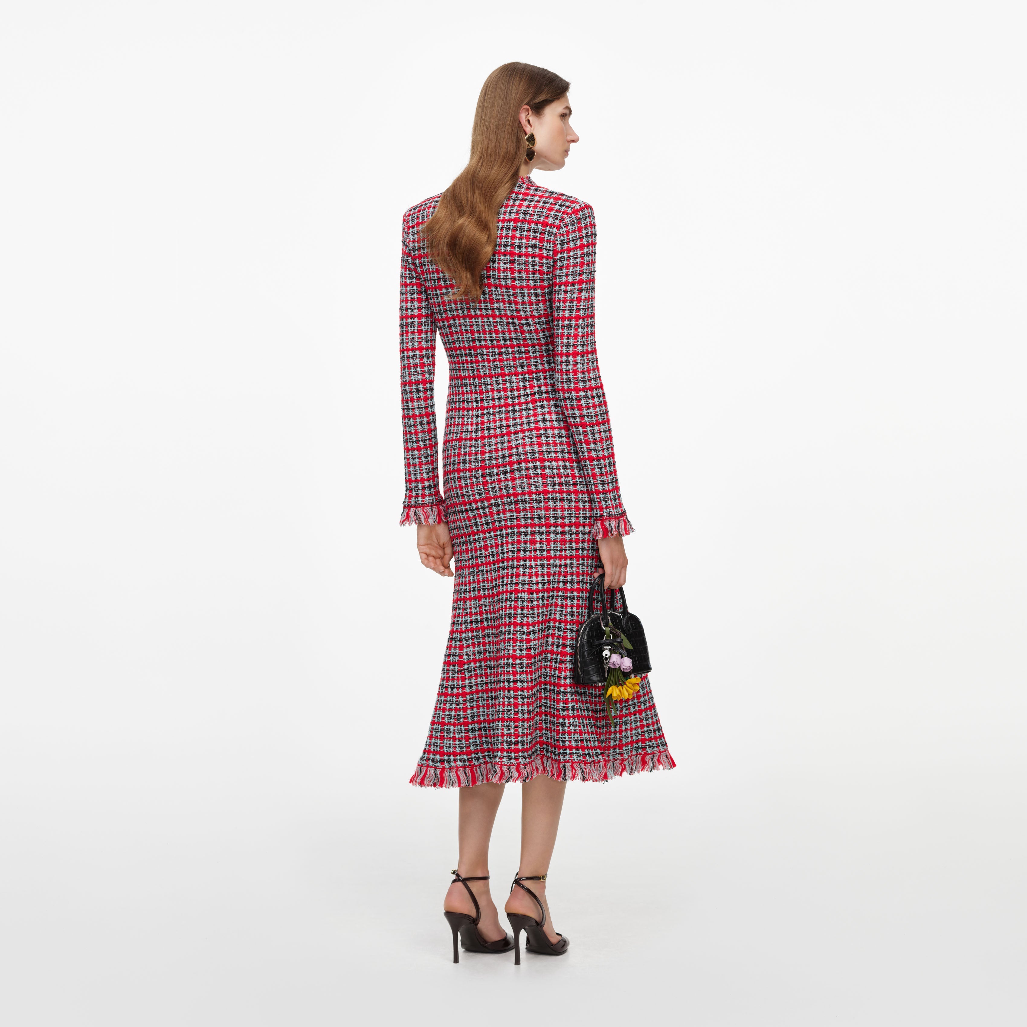 Red Check Frayed Knit Midi Dress – self-portrait-US