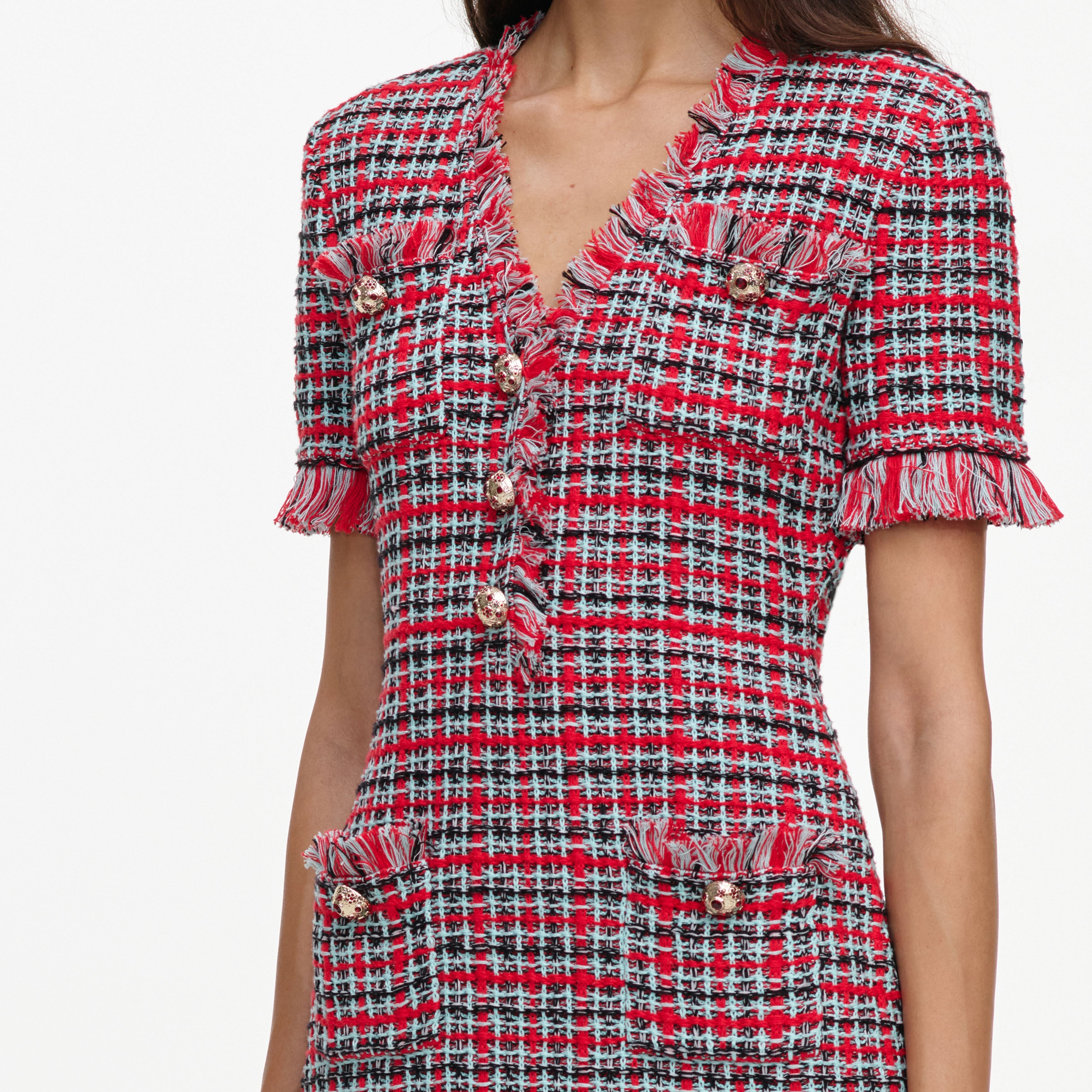 Red Check Frayed Knit Mini Dress – self-portrait-US