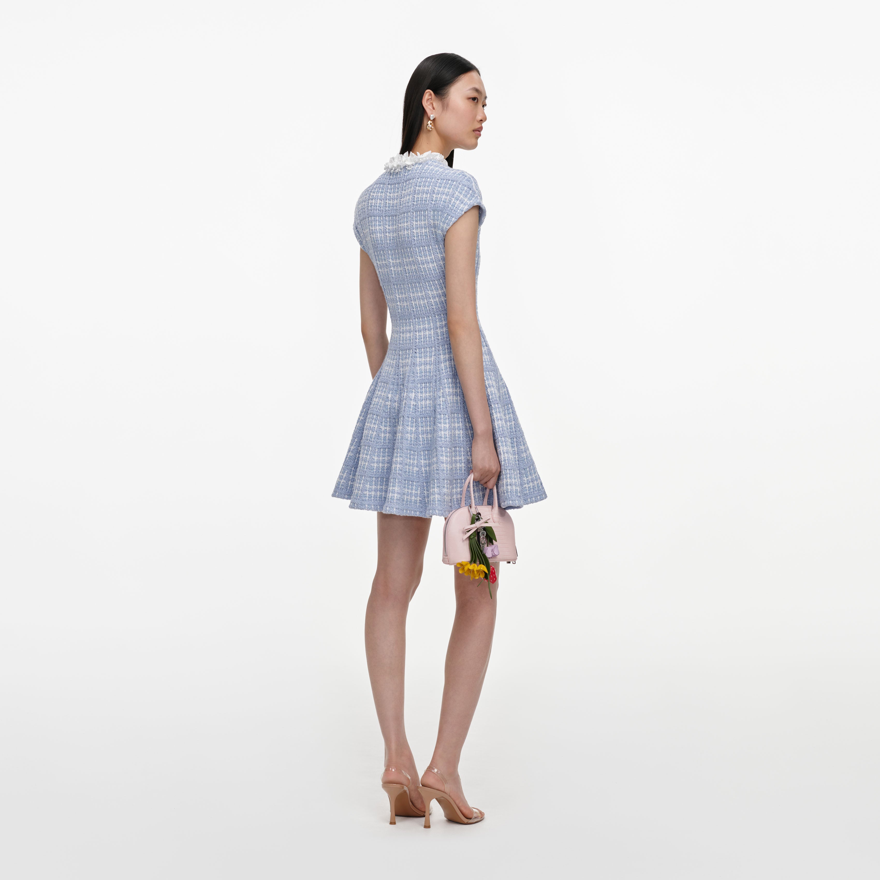 Blue Check Knit Beaded Mini Dress – self-portrait-US