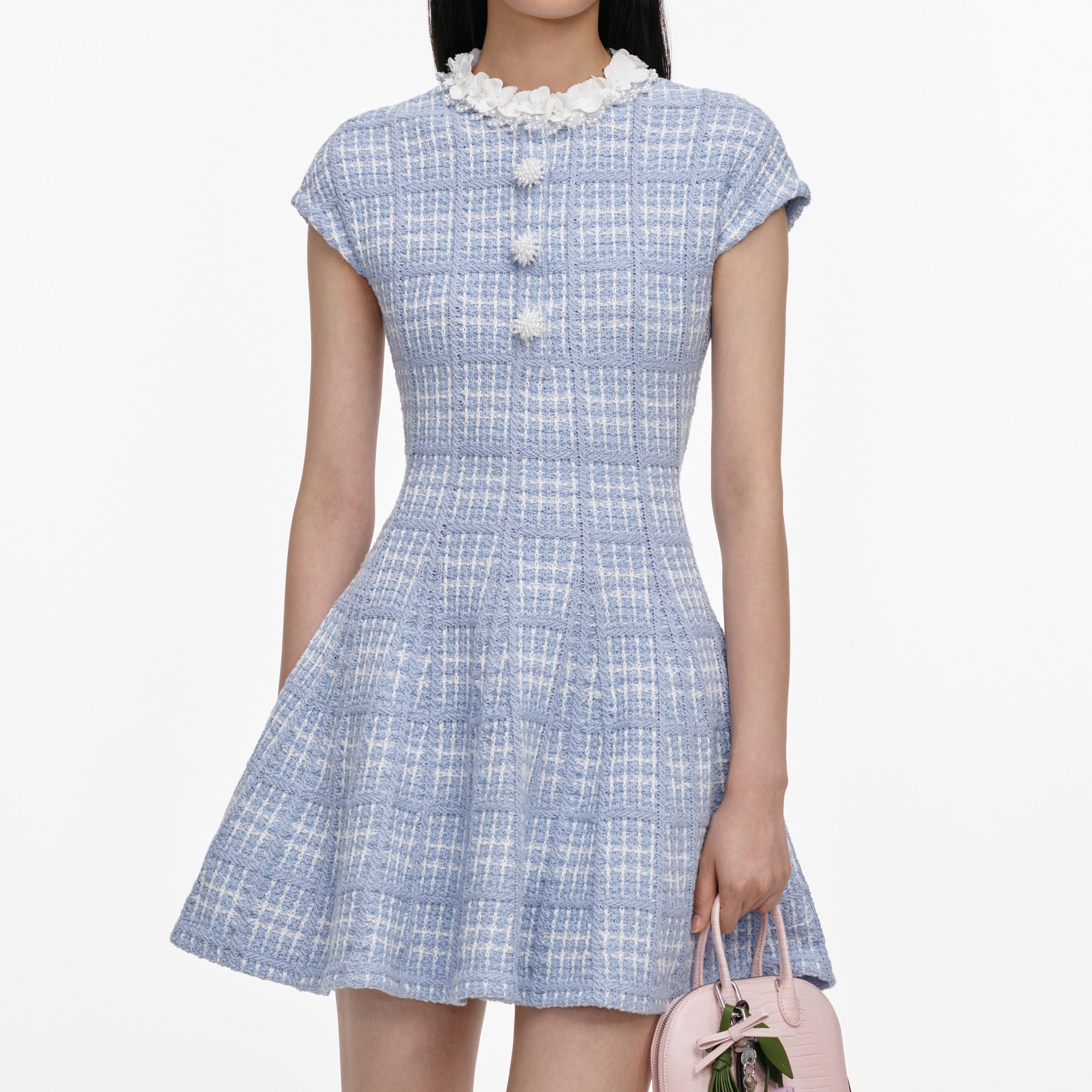 Blue Check Knit Beaded Mini Dress