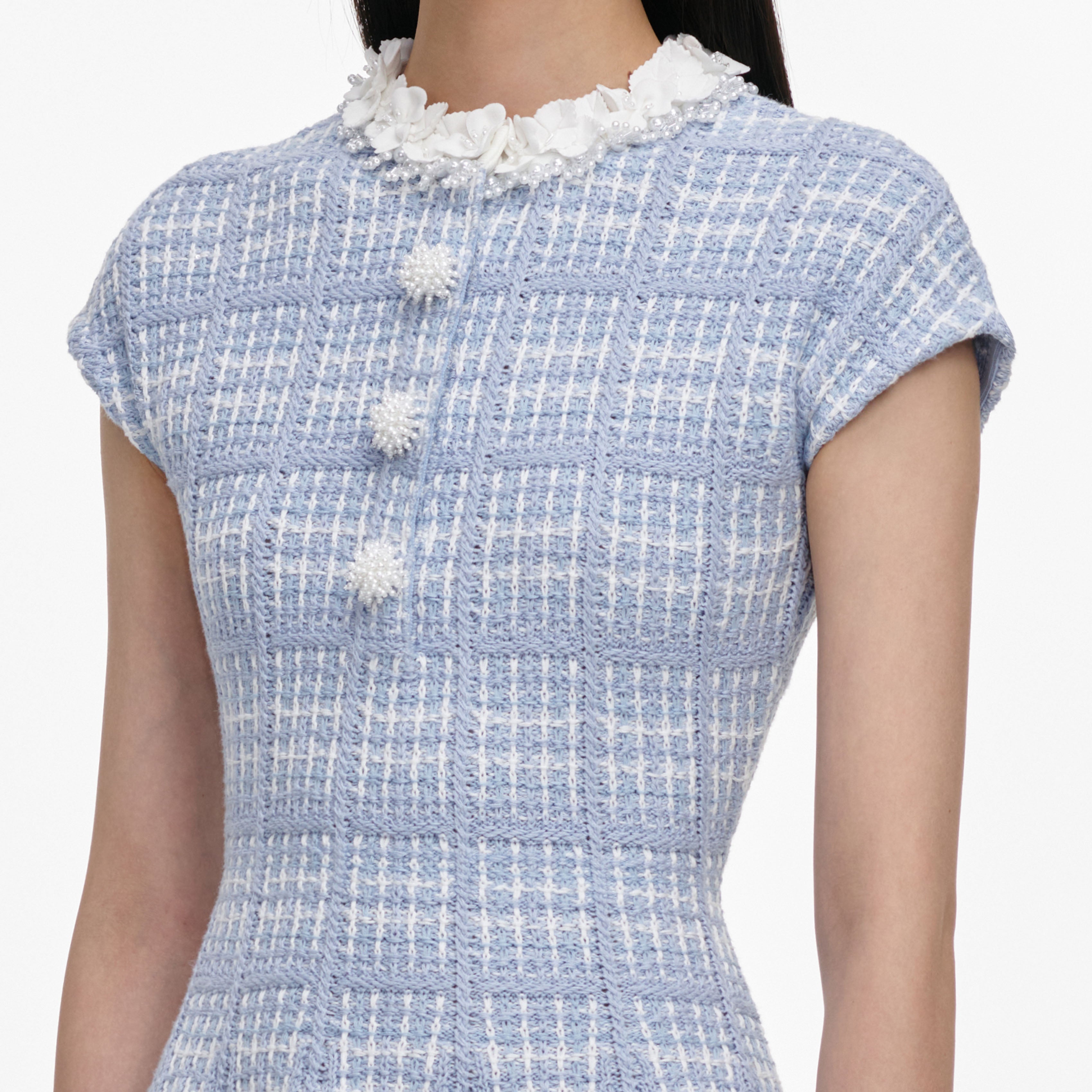 Blue Check Knit Beaded Mini Dress