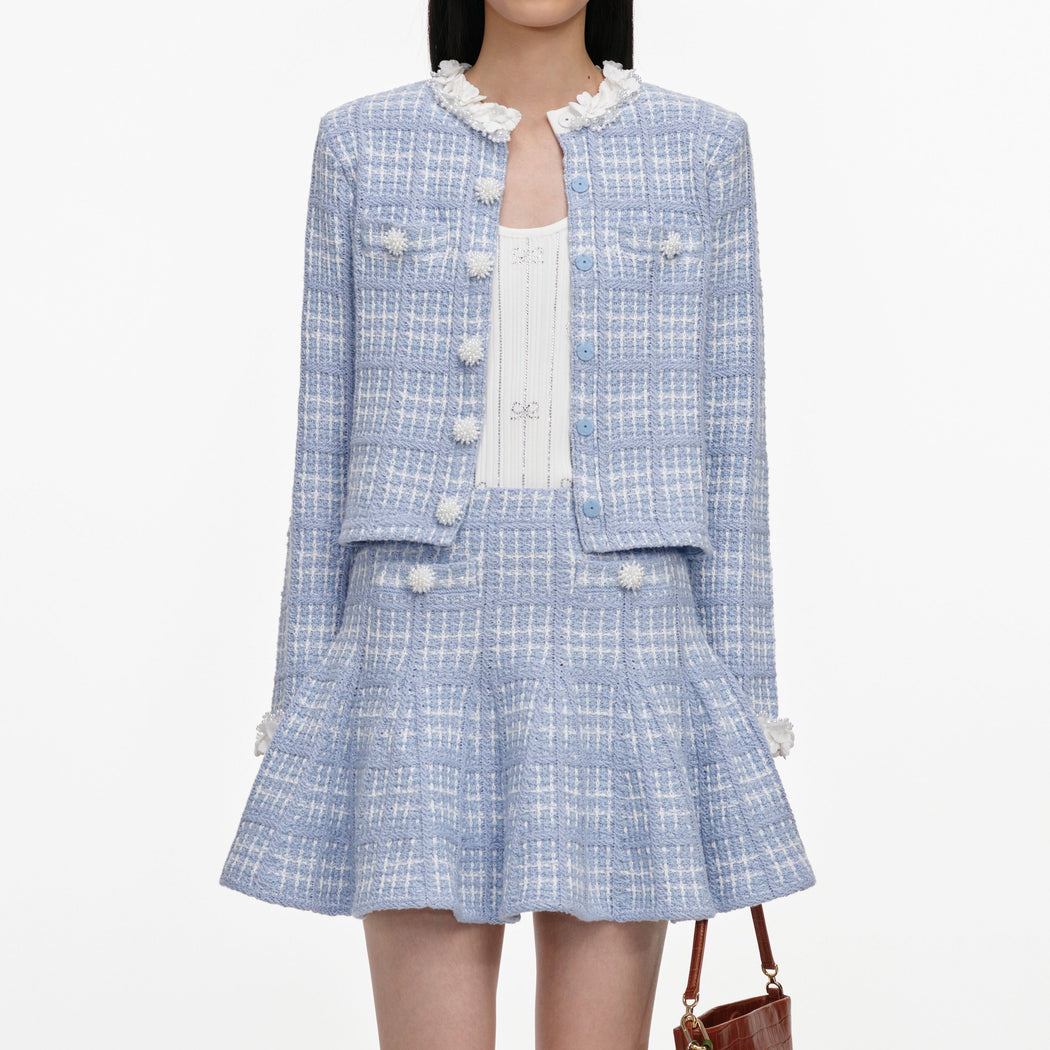 Blue Check Knit Mini Skirt