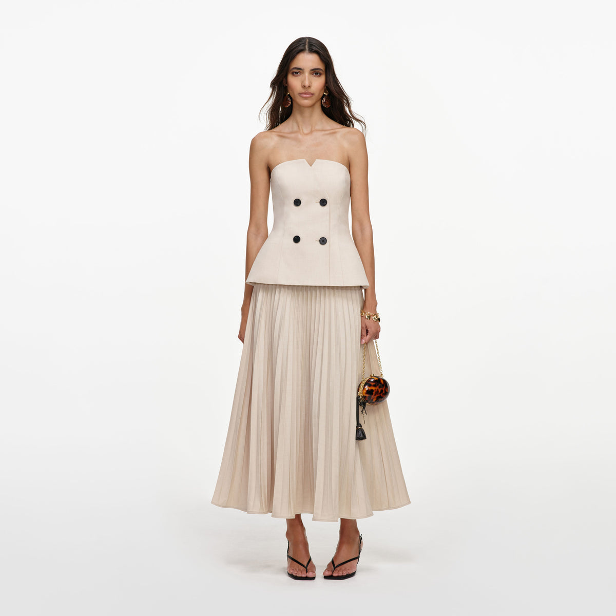 self-portrait - Beige Bandeau Pleated Midi Dress