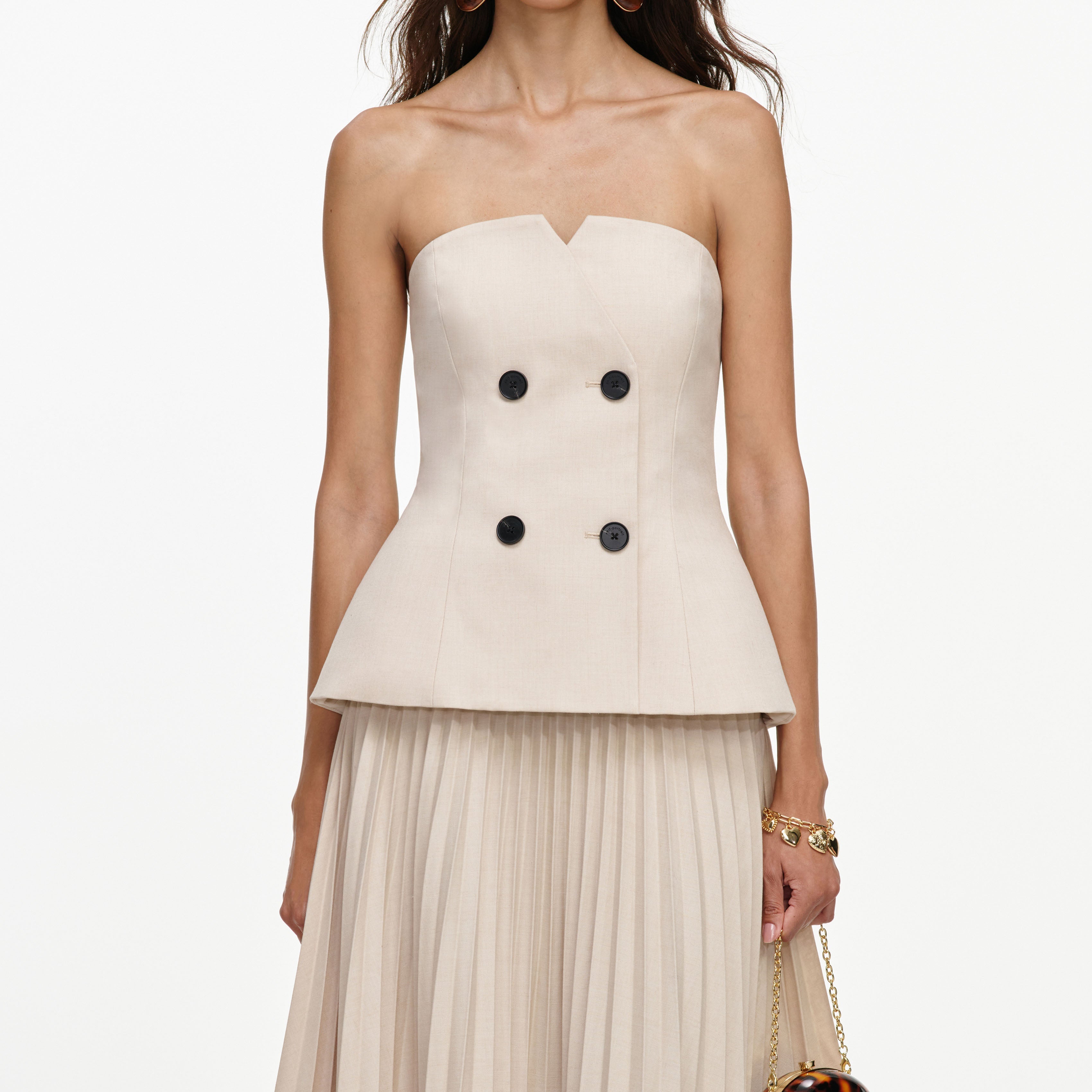 Beige Bandeau Pleated Midi Dress